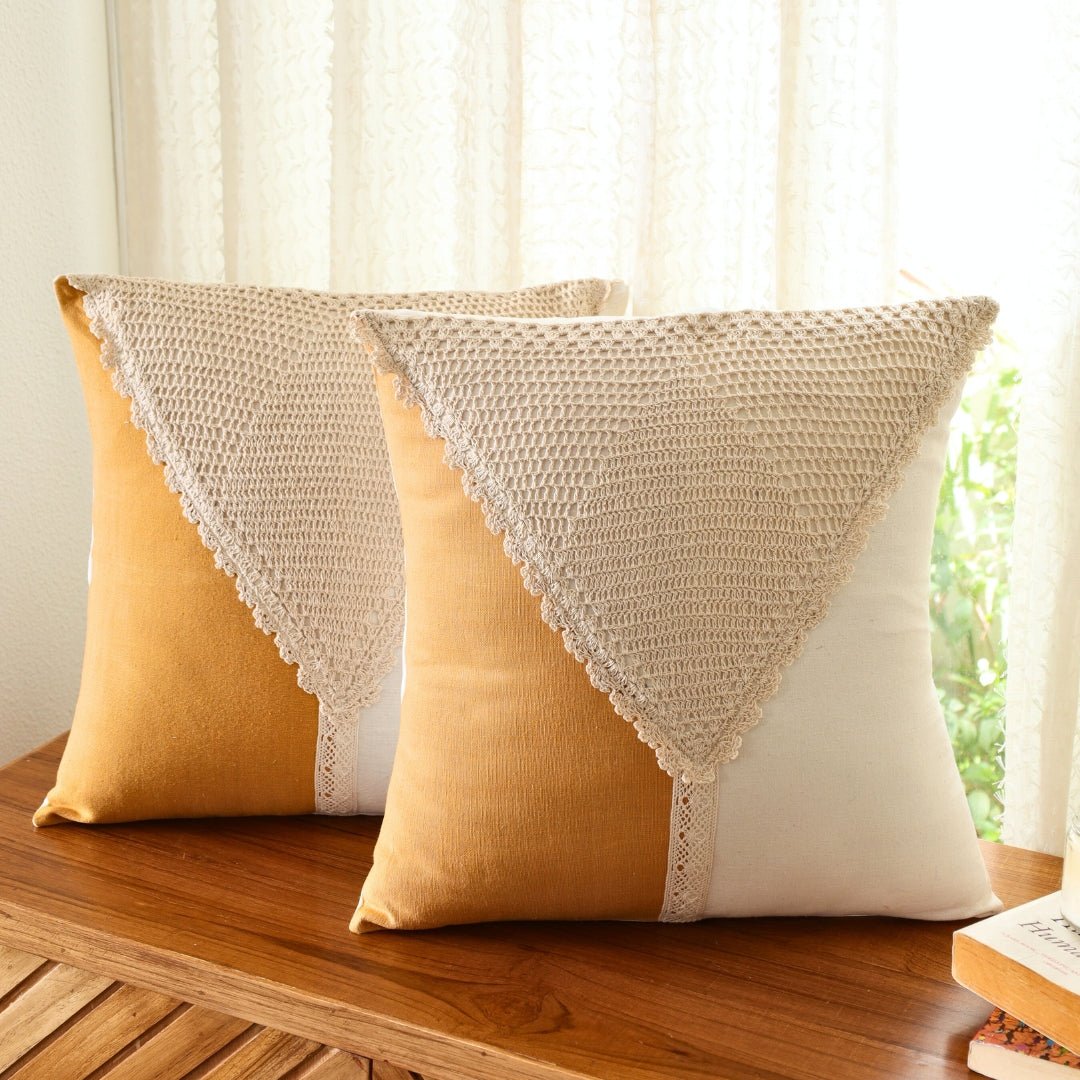 Pure Cotton Crochet Cushion Cover in Mustard and Off White | 16x16 in | Set of 1,2,3,4 and 5