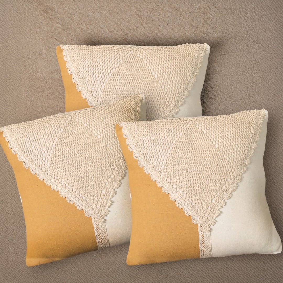 Pure Cotton Crochet Cushion Cover in Mustard and Off White | 16x16 in | Set of 1,2,3,4 and 5