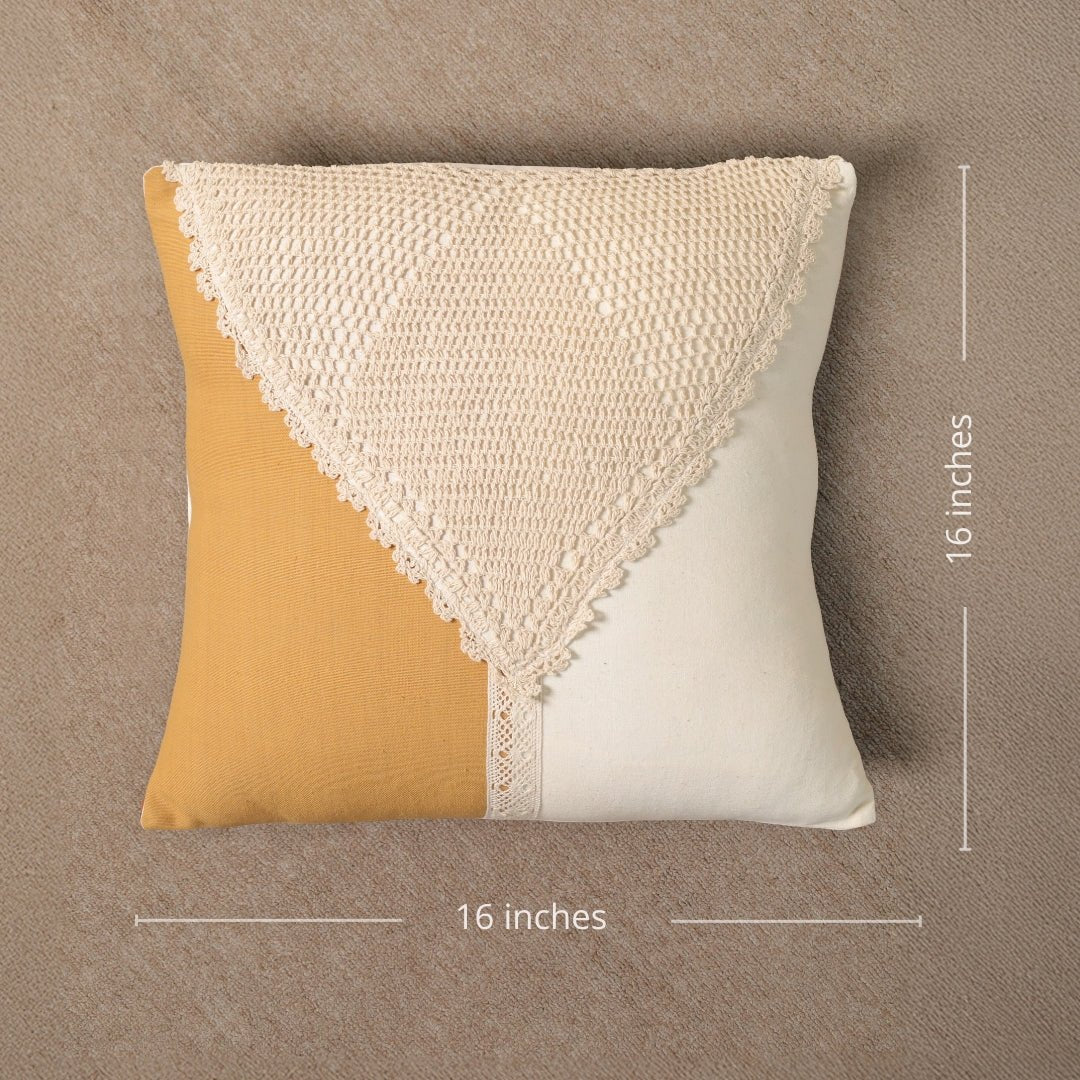 Pure Cotton Crochet Cushion Cover in Mustard and Off White | 16x16 in | Set of 1,2,3,4 and 5