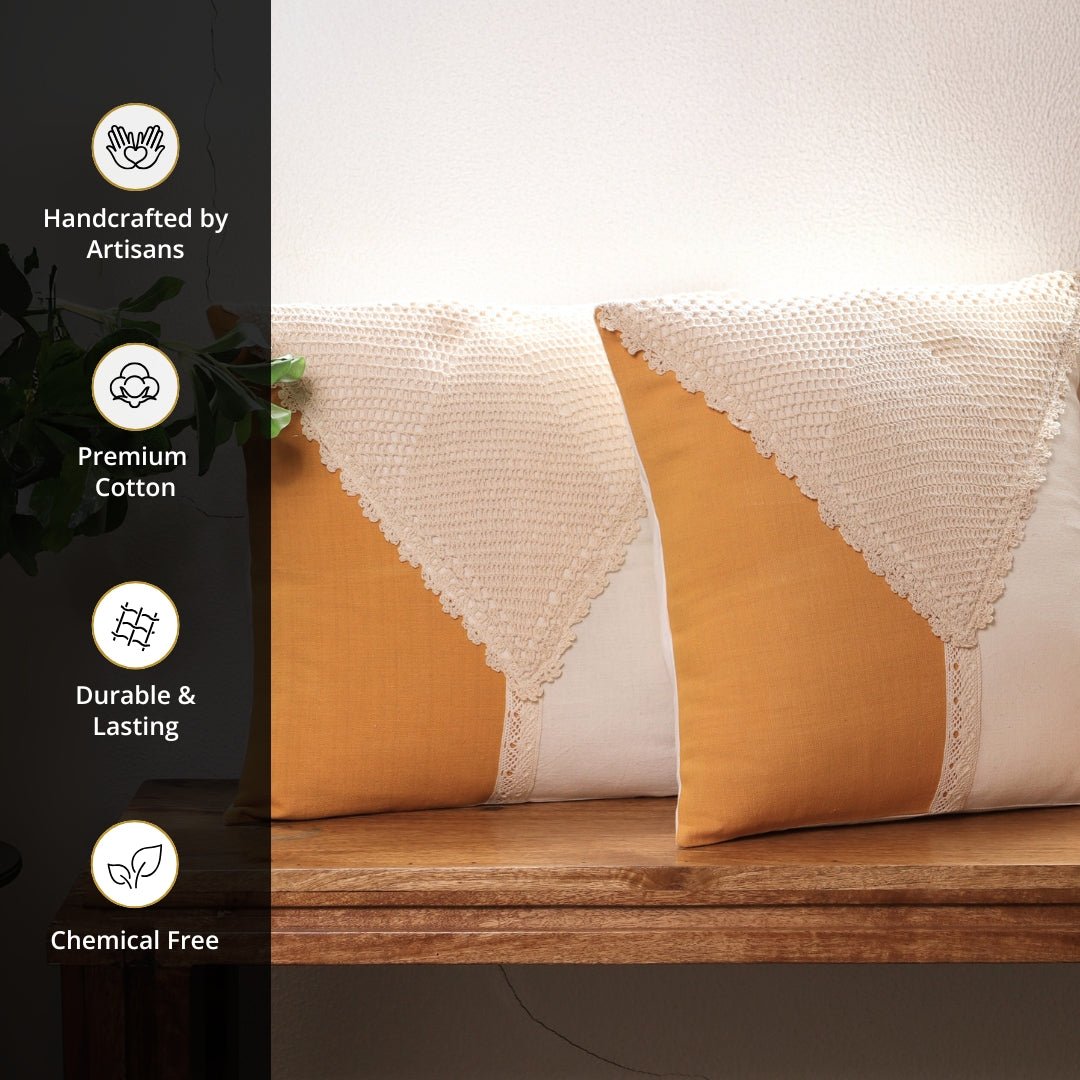 Pure Cotton Crochet Cushion Cover in Mustard and Off White | 16x16 in | Set of 1,2,3,4 and 5