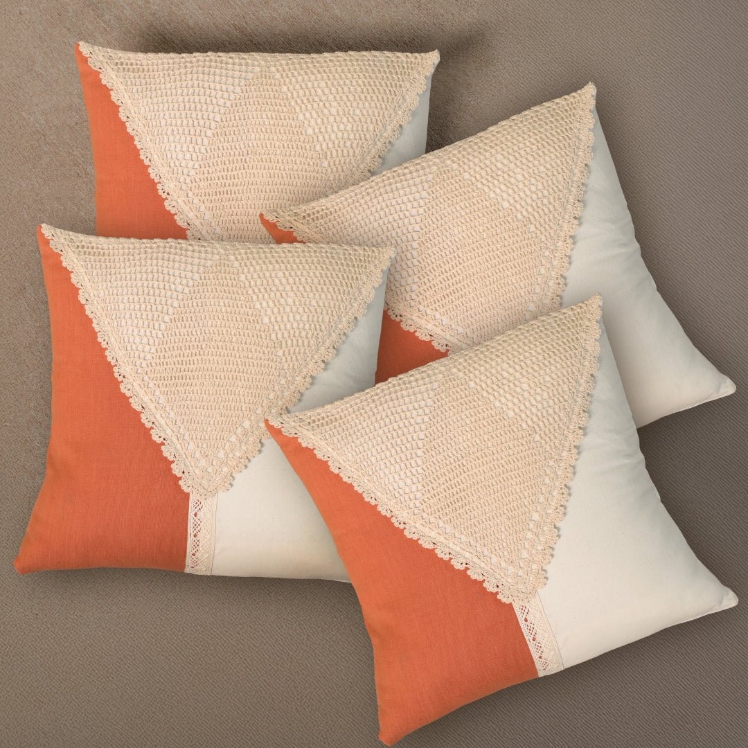 Pure Cotton Crochet Cushion Cover in Rust and Off White | 16x16 in | Set of 1,2,3,4 and 5