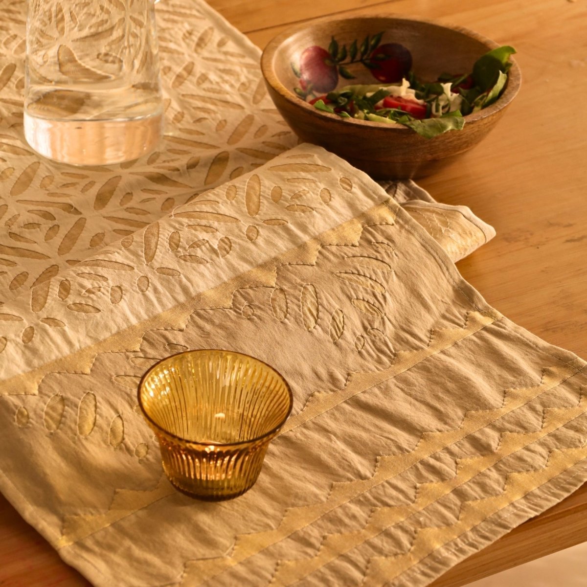 Elegant off white and taupe table runner featuring intricate appliqué work. Handcrafted for timeless dining décor—perfect for modern and classic homes.
