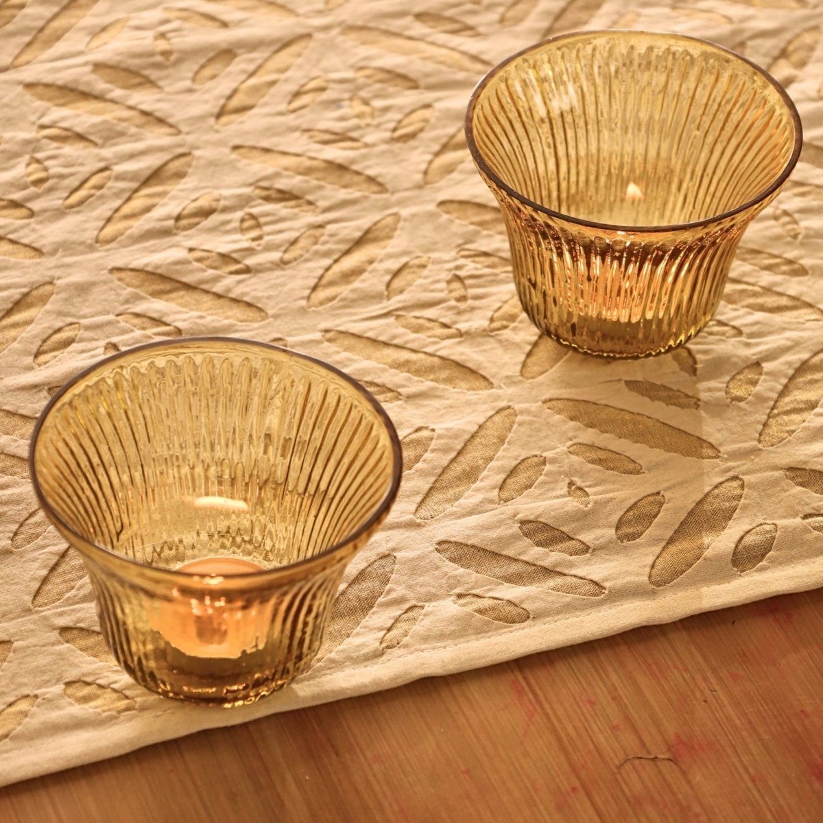 Elegant off white and taupe table runner featuring intricate appliqué work. Handcrafted for timeless dining décor—perfect for modern and classic homes.