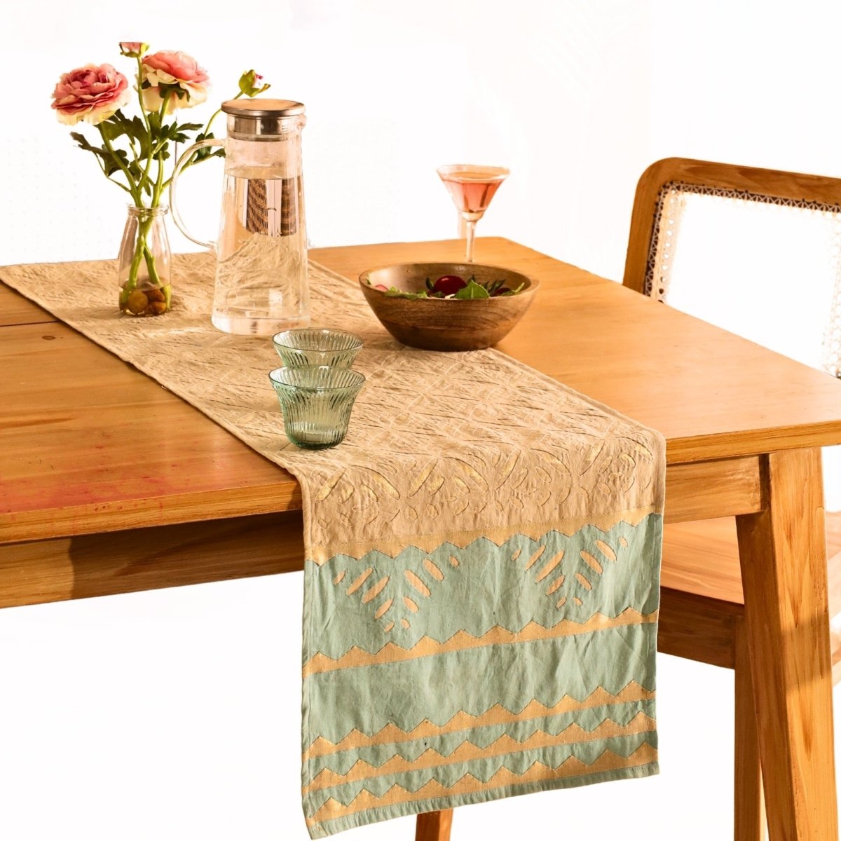 Cotton Dining Table Runner in Taupe and Teal Blue Applique Work 15 x 60 inches Marigold Collection