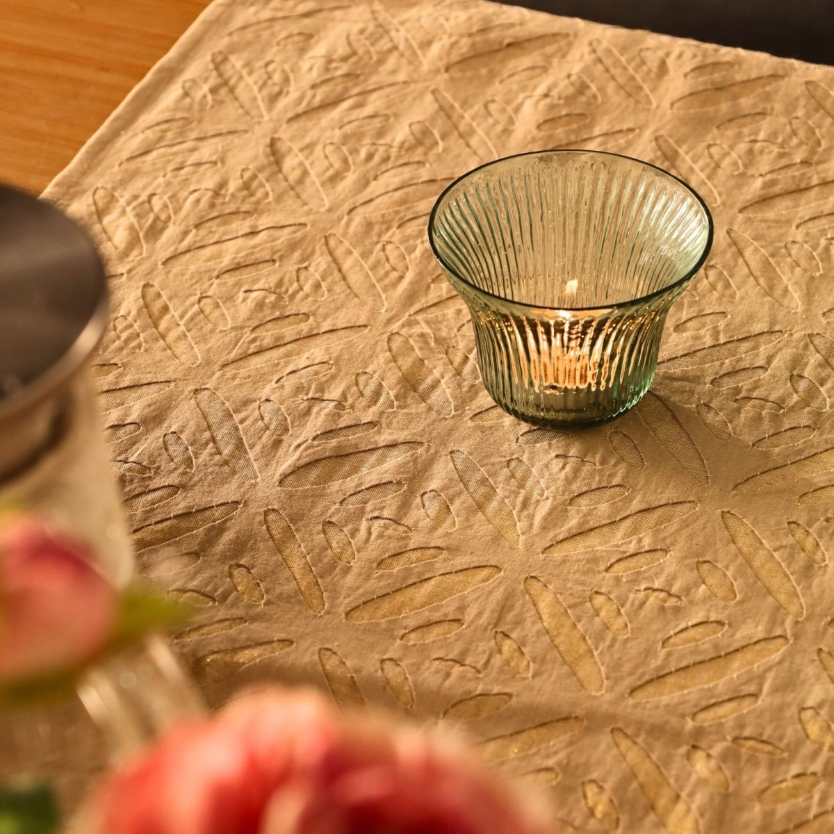 Cotton Dining Table Runner in Taupe and Teal Blue Applique Work 15 x 60 inches Marigold Collection