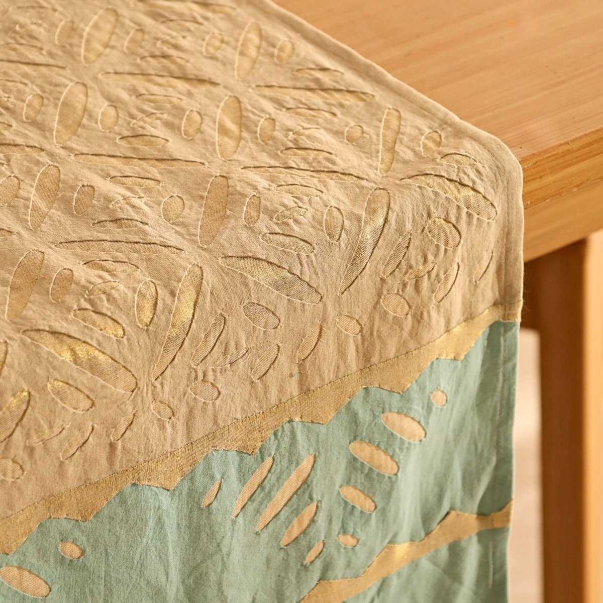 Cotton Dining Table Runner in Taupe and Teal Blue Applique Work 15 x 60 inches Marigold Collection