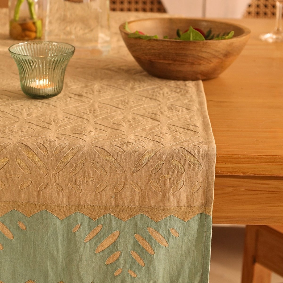 Cotton Dining Table Runner in Taupe and Teal Blue Applique Work 15 x 60 inches Marigold Collection