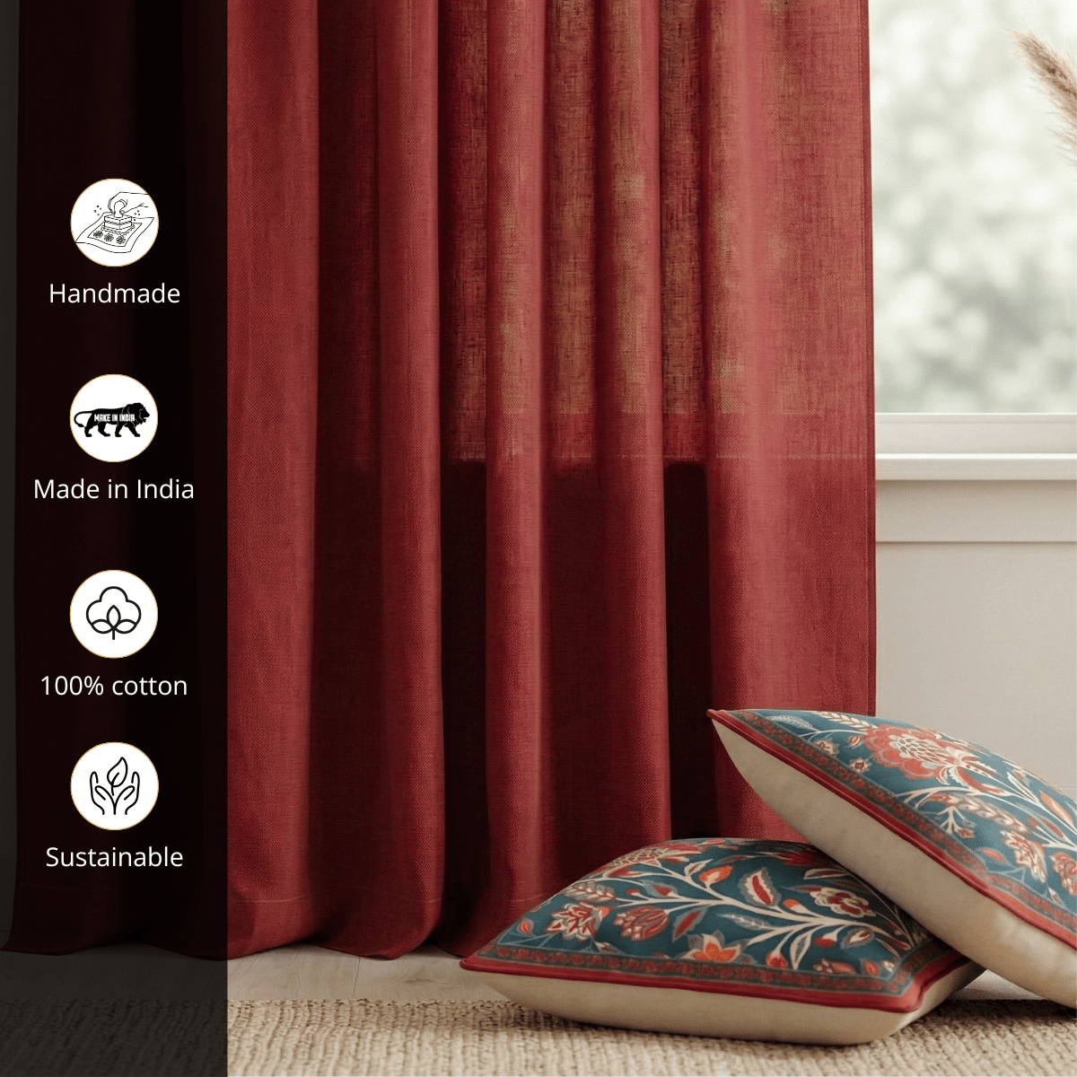 Set of 2 Room Darkening Curtains and Cushion Covers in Maroon and Off White