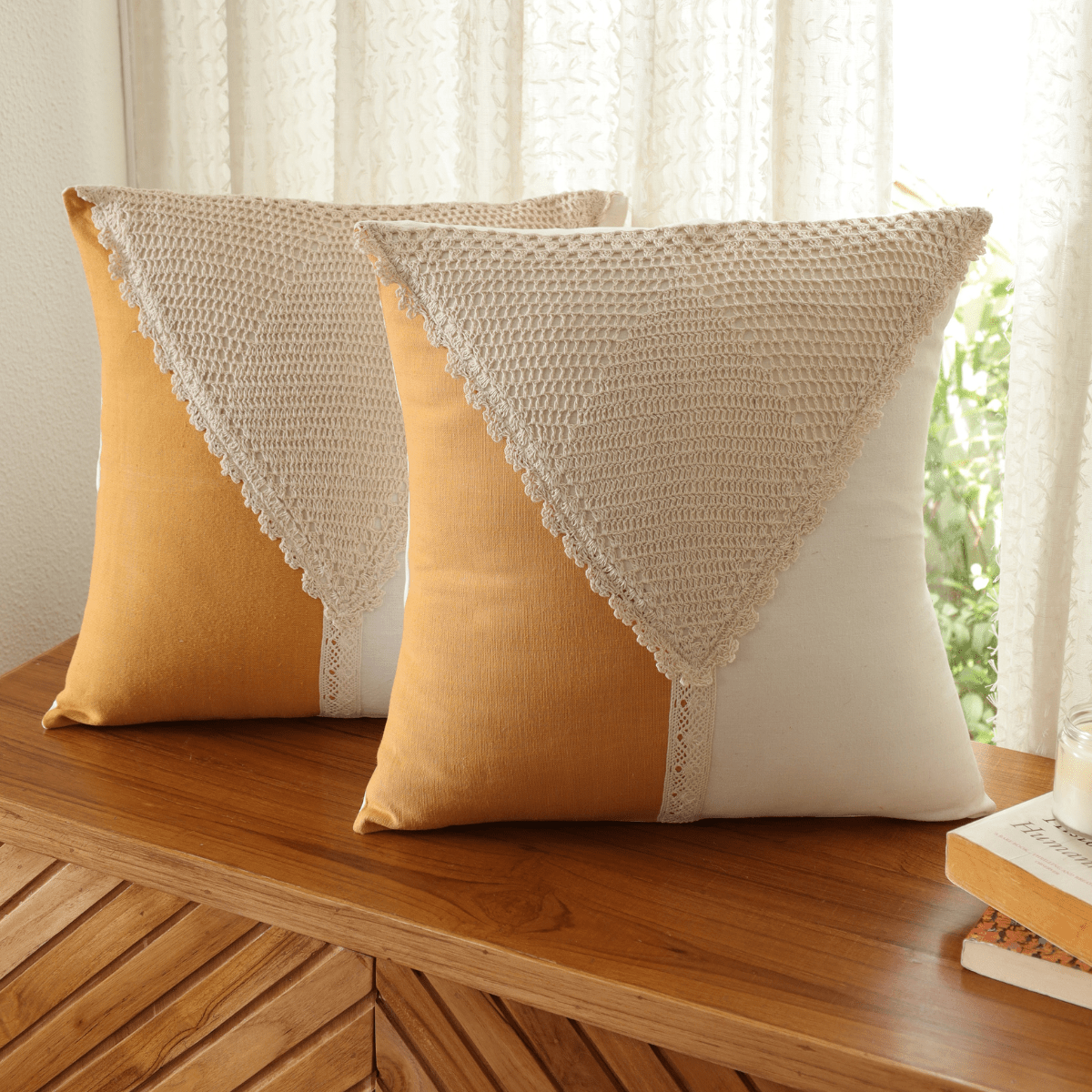 Cotton Door Curtain and Cushion Cover Set in Mustard and Off White