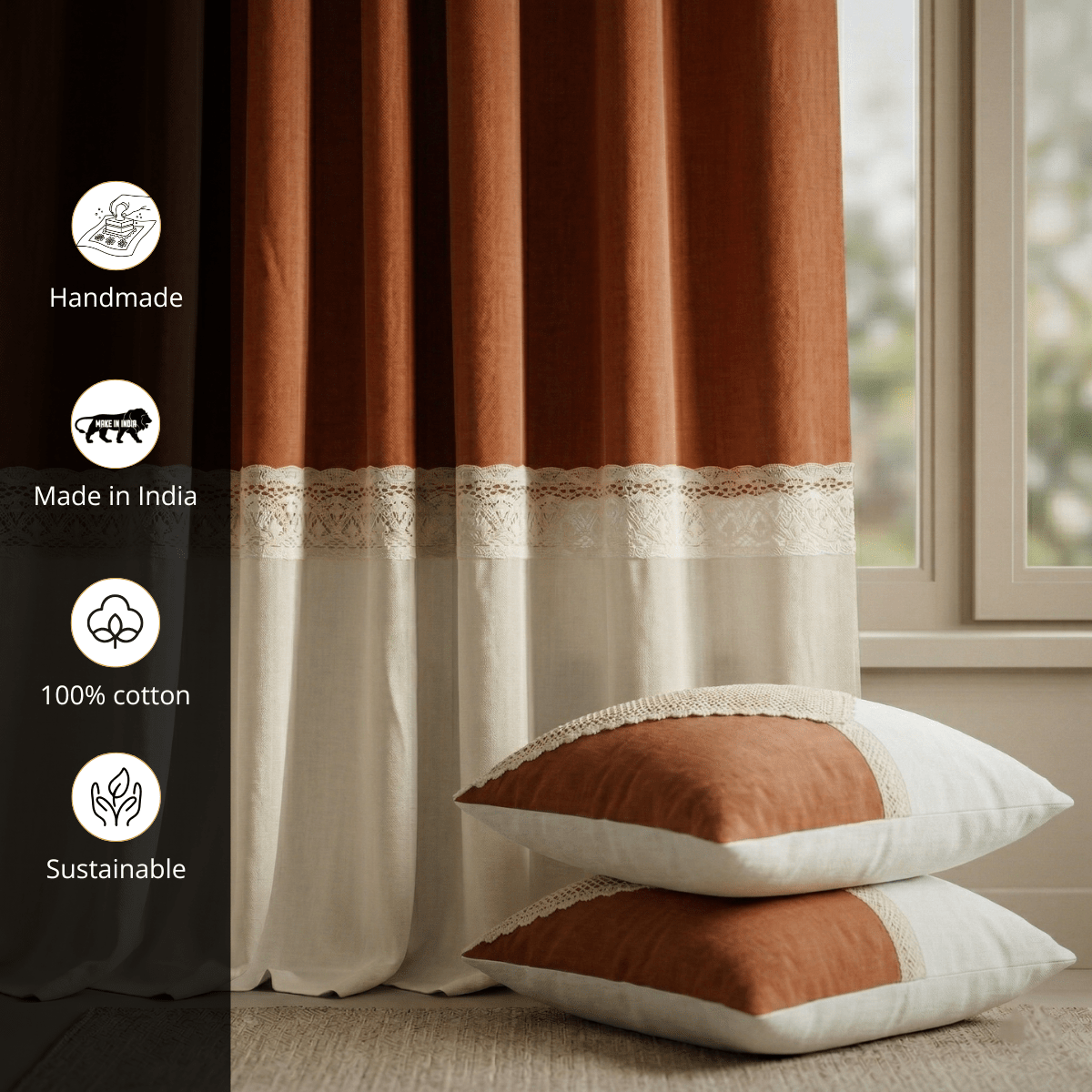Set of 2 Cotton Curtains and Cushion Covers in Rust and Off white Colour with a Crochet design