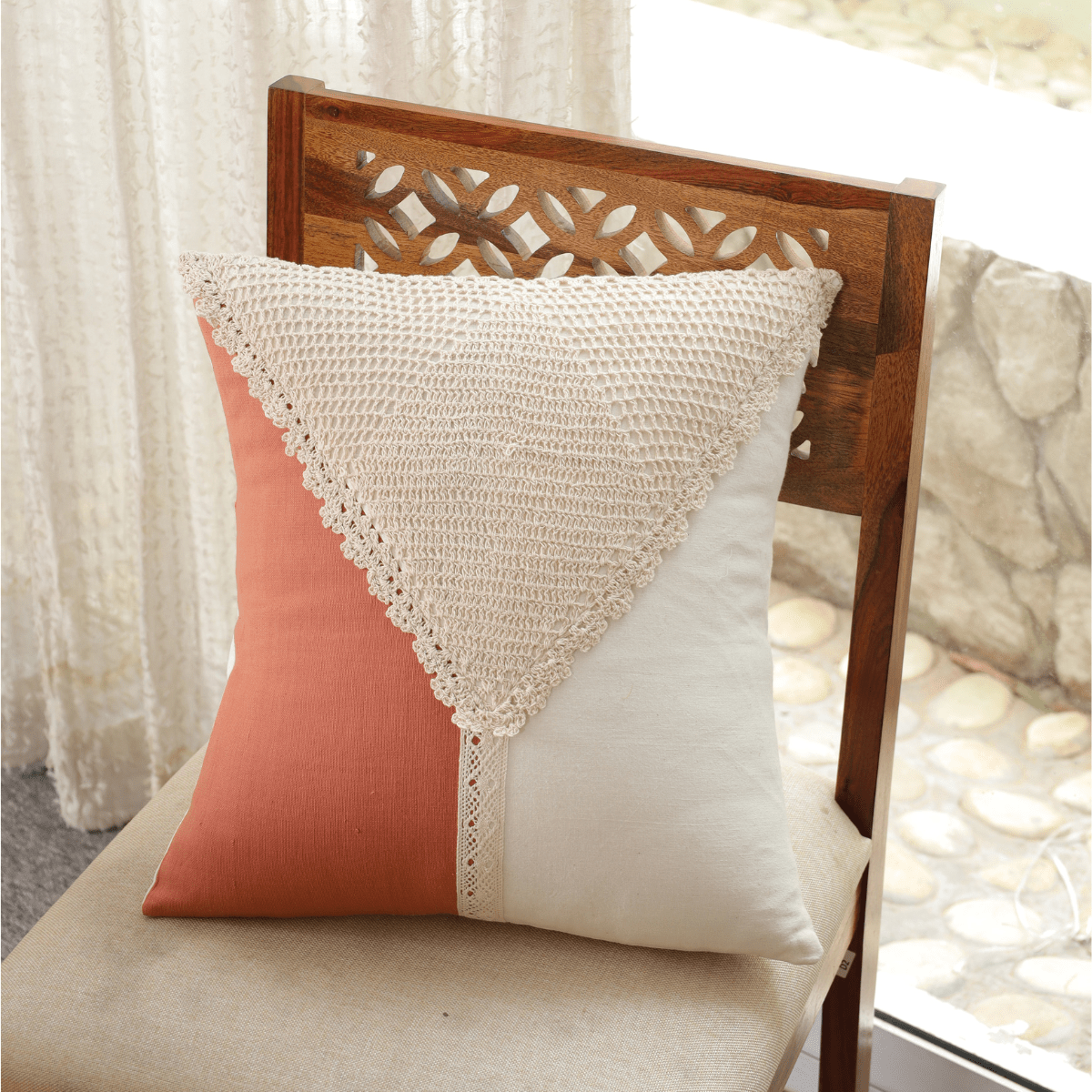 Set of 2 Cotton Curtains and Cushion Covers in Rust and Off white Colour with a Crochet design