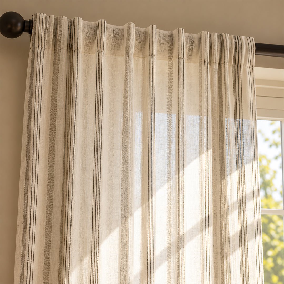 Cotton Door Curtain handwoven in off white and charcoal colours with Double Stripes| 7ft | 50% Light Blocking Cotton Curtains