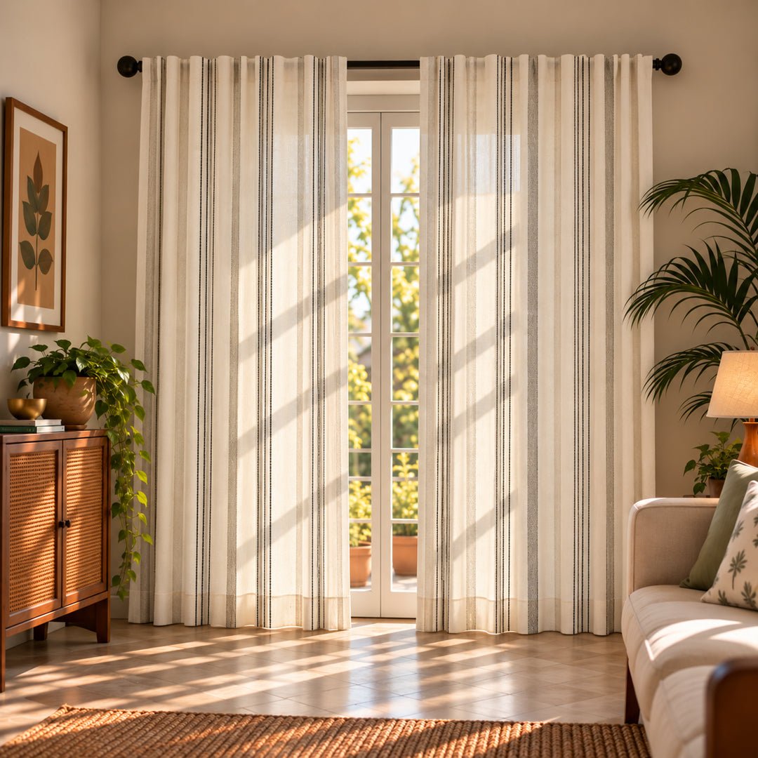 Cotton Door Curtain handwoven in off white and charcoal colours with Double Stripes| 7ft | 50% Light Blocking Cotton Curtains