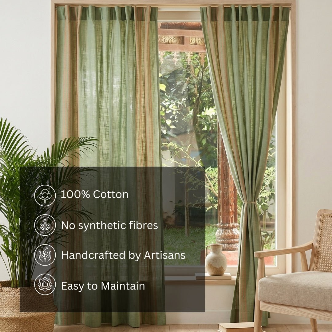 Pure Cotton Semi Blackout Curtains in Sage and Teal colour with 60% light blocking | Best curtains for living room