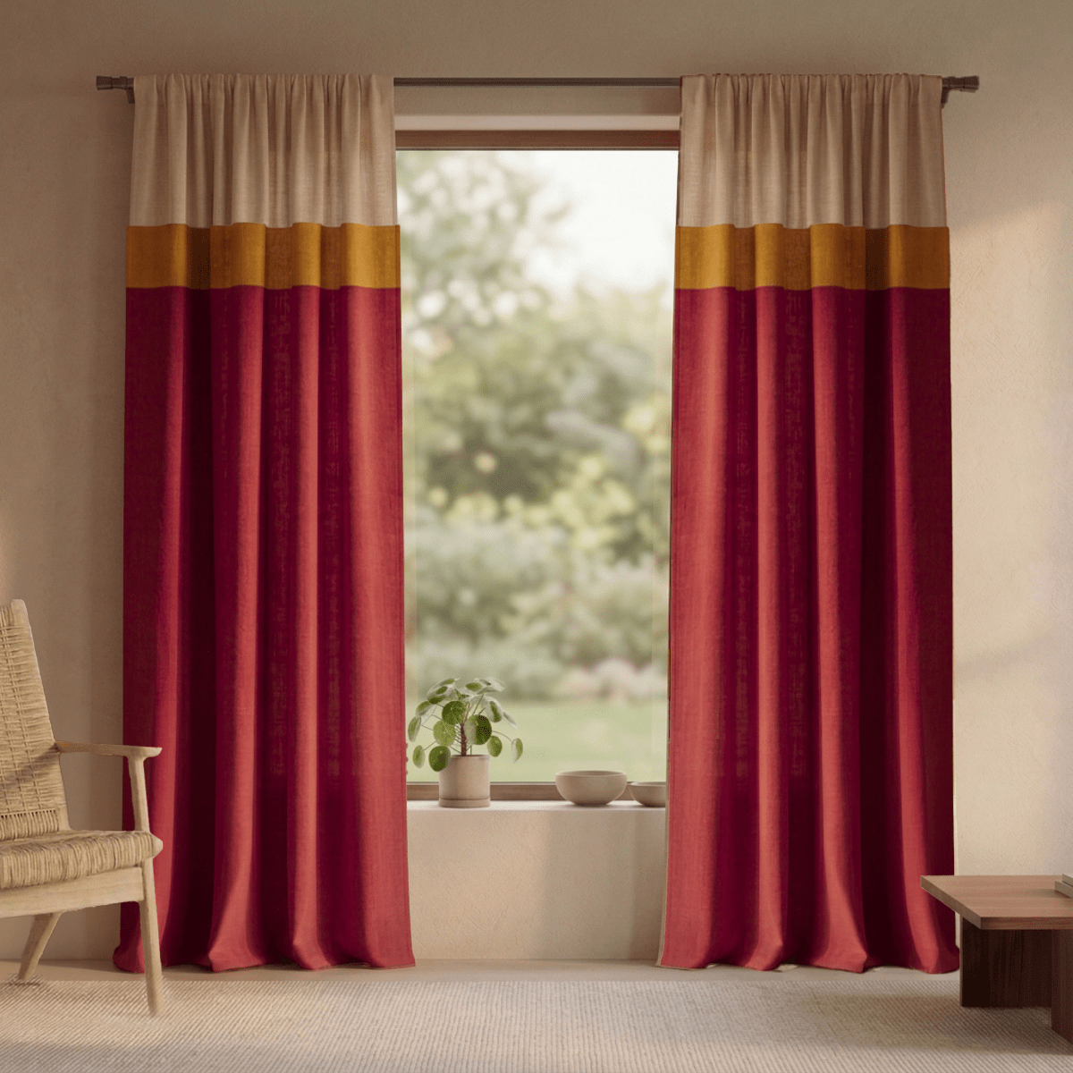 Pure Cotton Door Curtain in Maroon & Off White available in set of 1 and 2