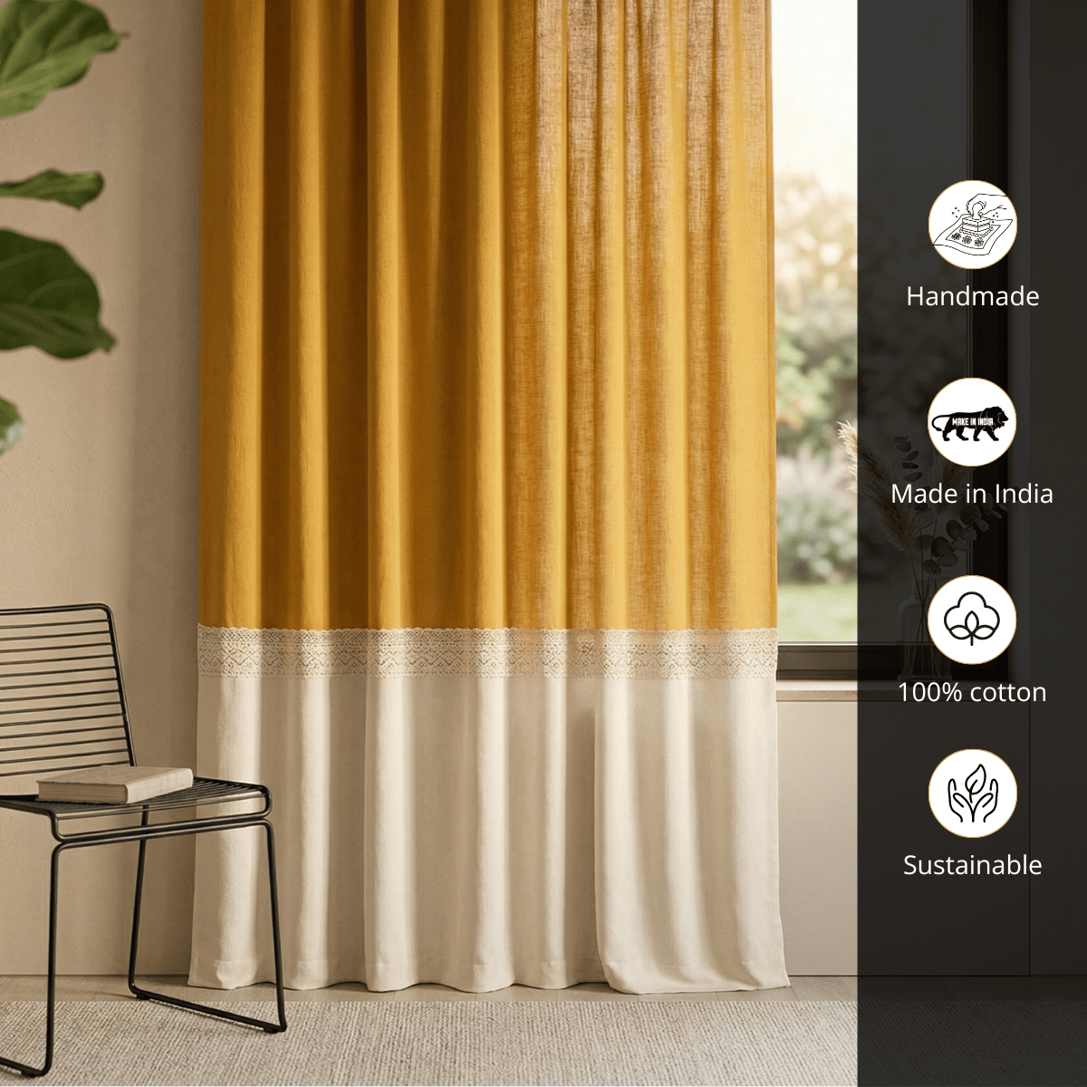 Pure Cotton Door Curtain in Mustard & Off White available in set of 1 and 2