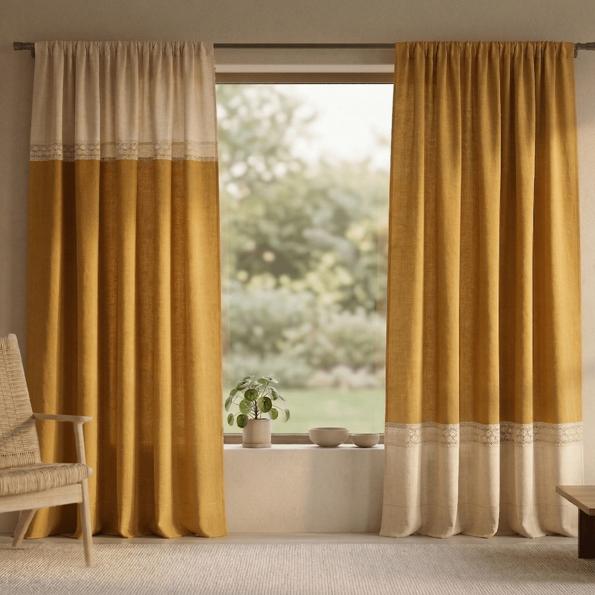 Pure Cotton Door Curtain in Mustard & Off White available in set of 1 and 2