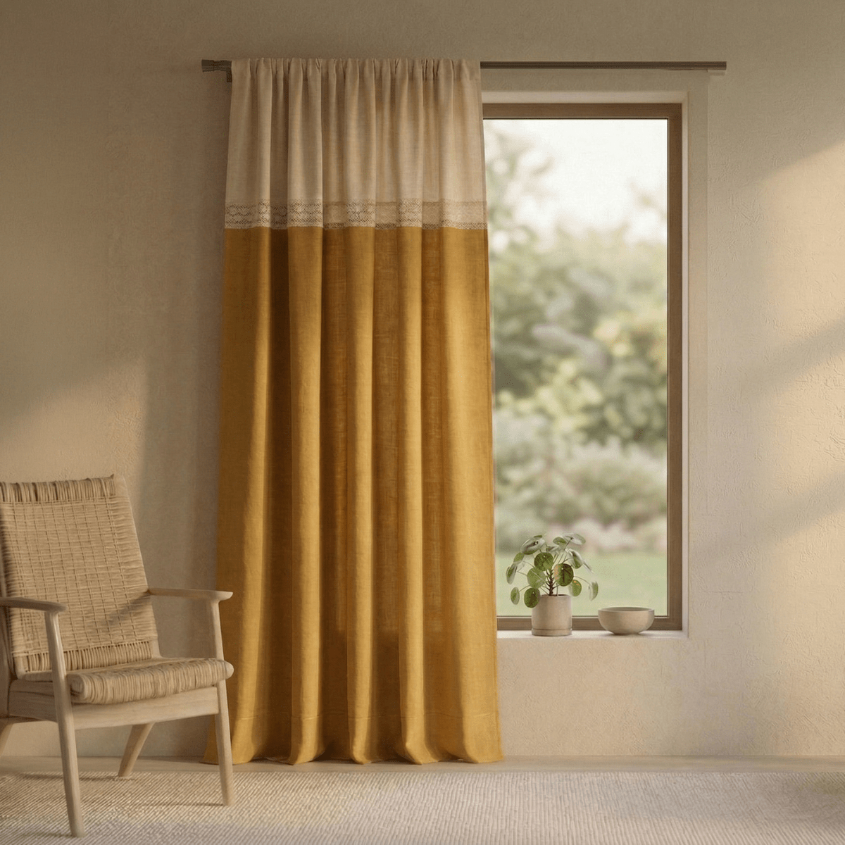Pure Cotton Door Curtain in Mustard & Off White available in set of 1 and 2