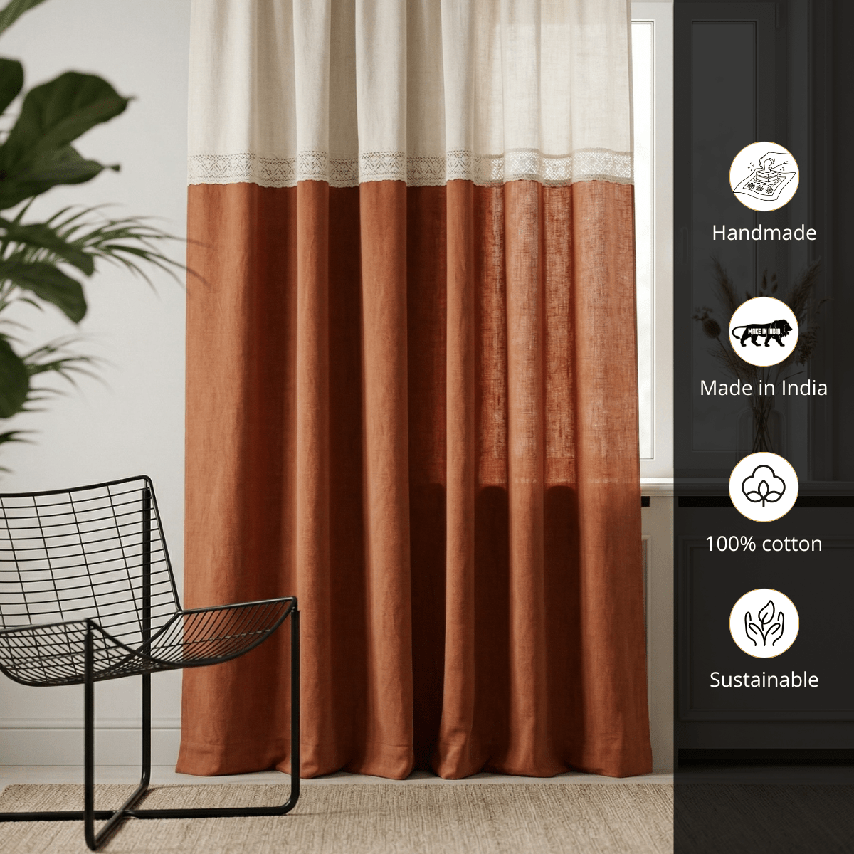 Pure Cotton Door Curtain in Rust & Off White available in set of 1 and 2