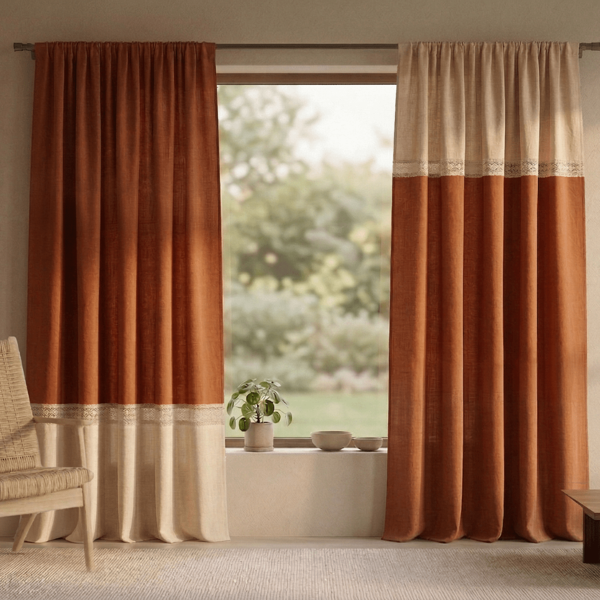 Pure Cotton Door Curtain in Rust & Off White available in set of 1 and 2