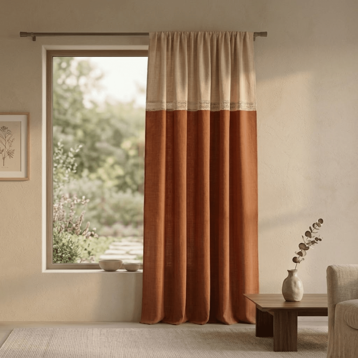 Pure Cotton Door Curtain in Rust & Off White available in set of 1 and 2
