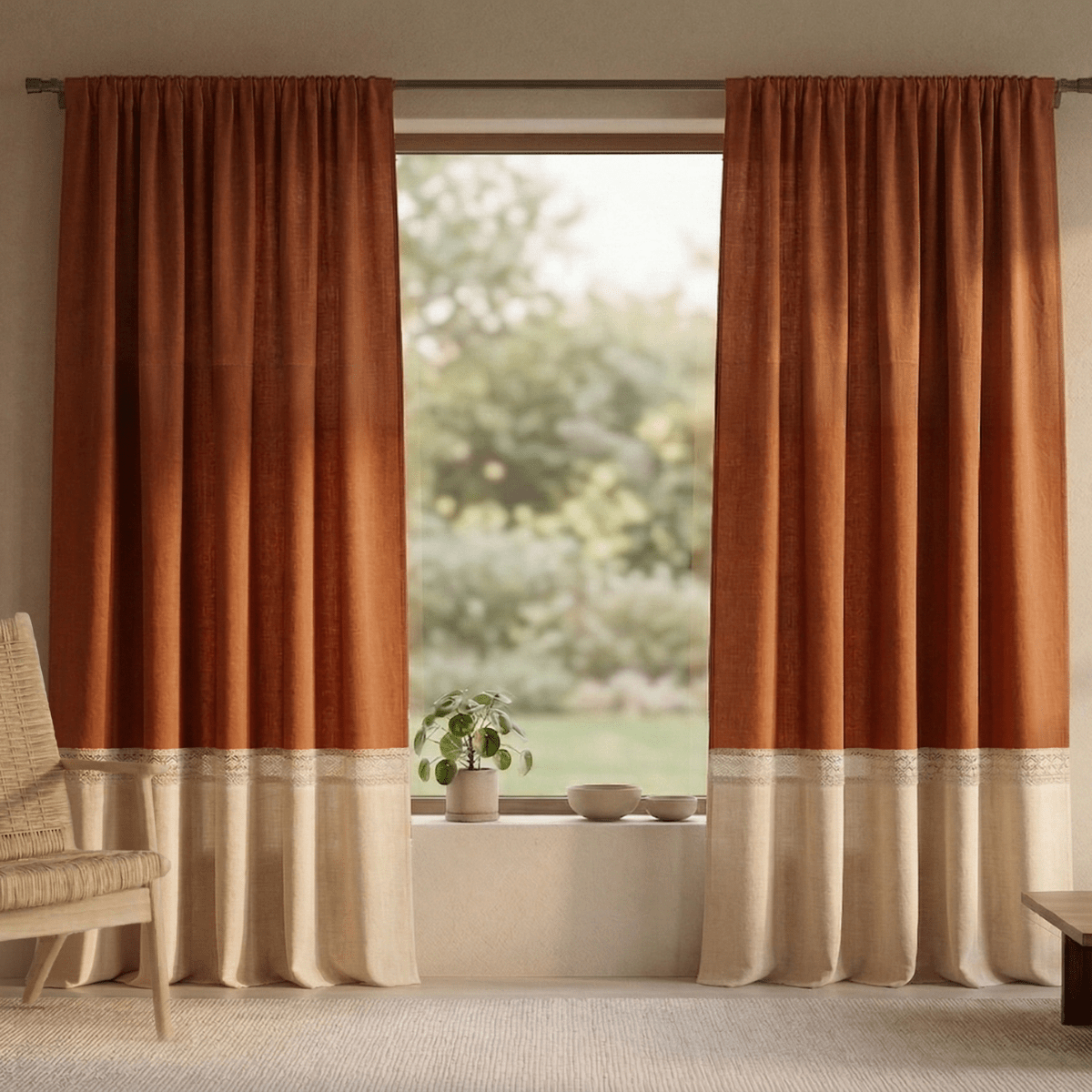 Pure Cotton Door Curtain in Rust & Off White available in set of 1 and 2