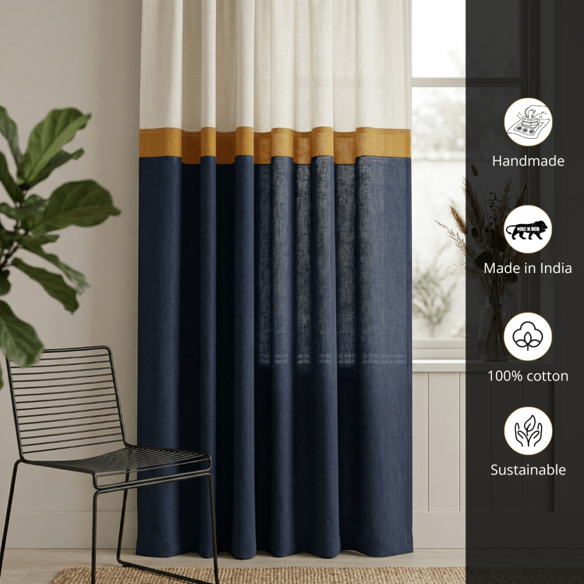 Pure Cotton Door Curtain Woven in Navy and Off white available in set of 1 and 2