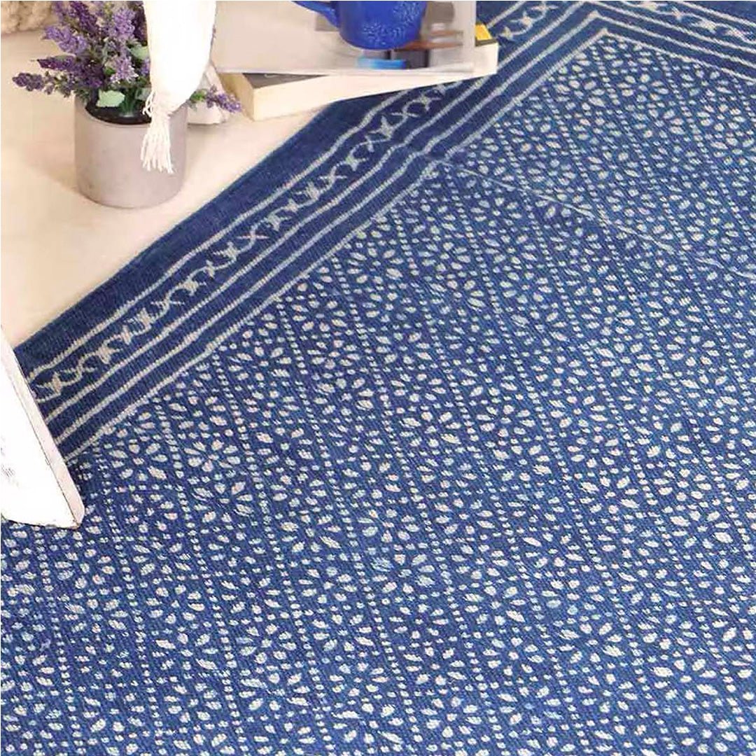 Cotton Floor Rug for Living Room and Bedroom hand block printed with Lattice Print in Indigo Colour| Soft Washable Area Rug| 3x5 Feet