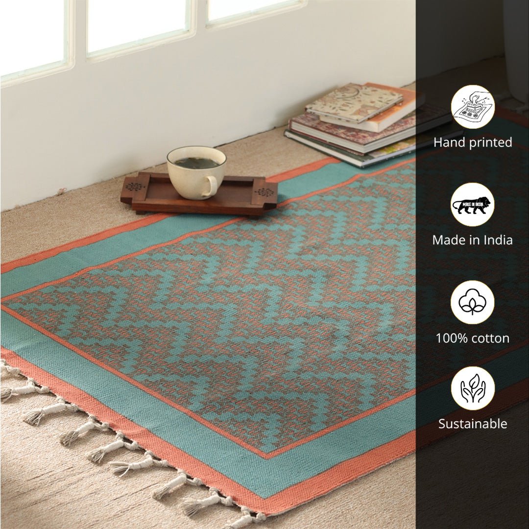 Cotton Floor Rug for Living Room and Bedroom handprinted in Green and Navy Colours| Soft Washable Area Rug