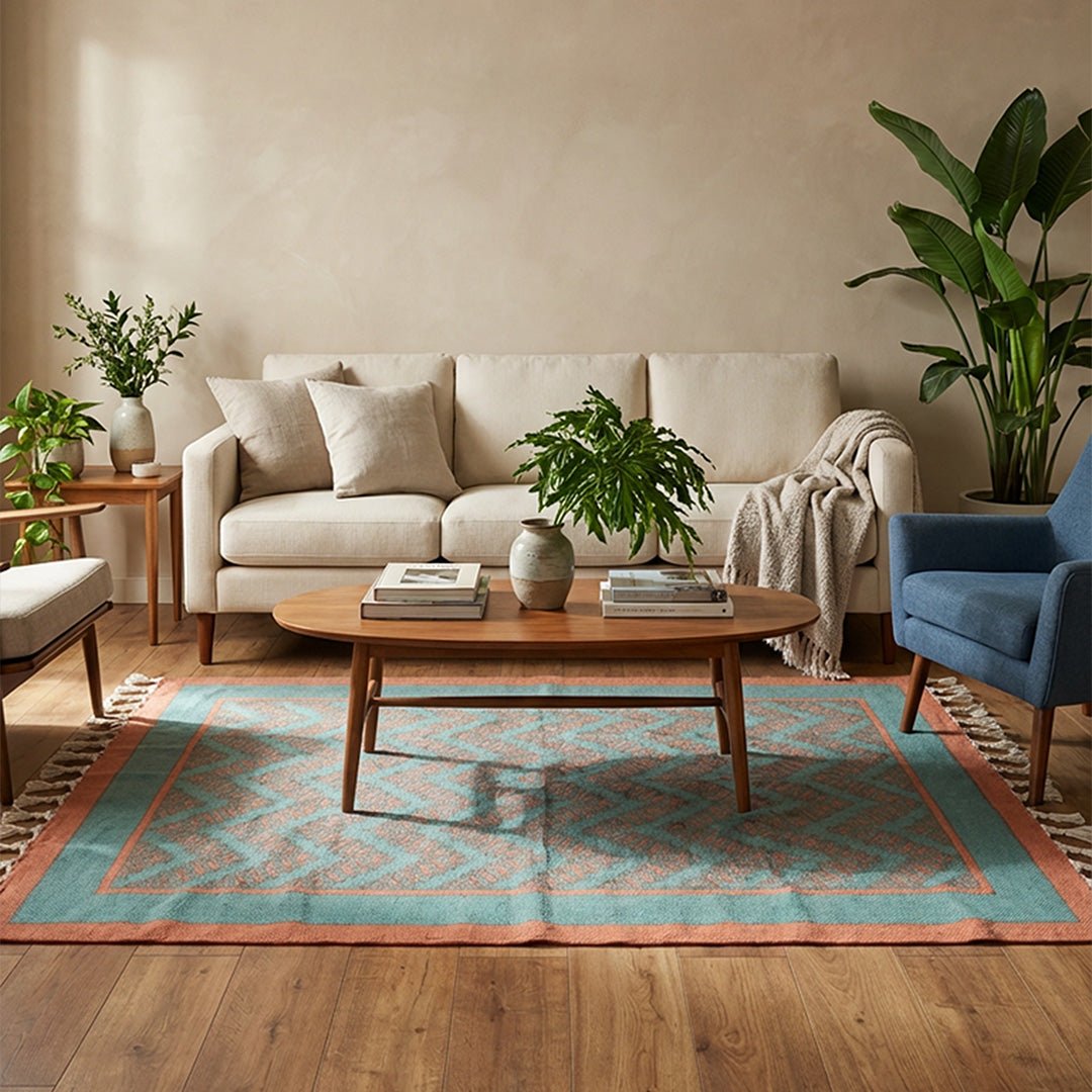Cotton Floor Rug for Living Room and Bedroom handprinted in Green and Navy Colours| Soft Washable Area Rug
