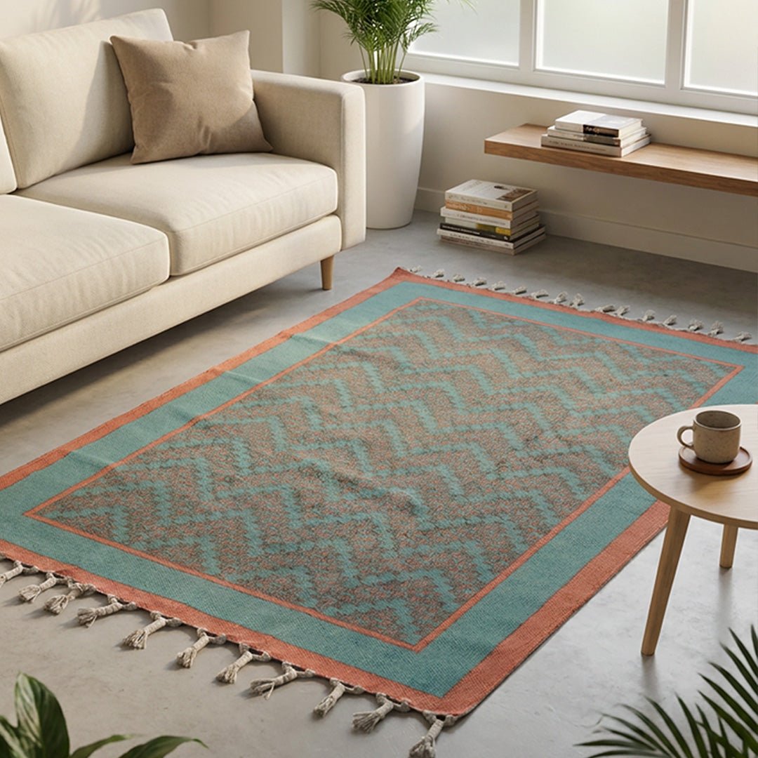 Cotton Floor Rug for Living Room and Bedroom handprinted in Green and Navy Colours| Soft Washable Area Rug