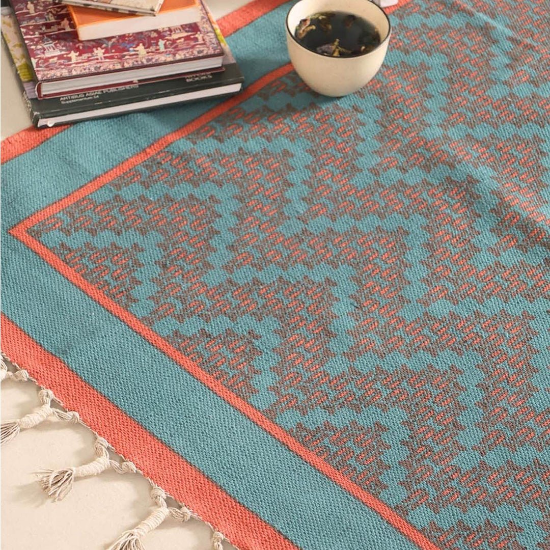 Cotton Floor Rug for Living Room and Bedroom handprinted in Green and Navy Colours| Soft Washable Area Rug