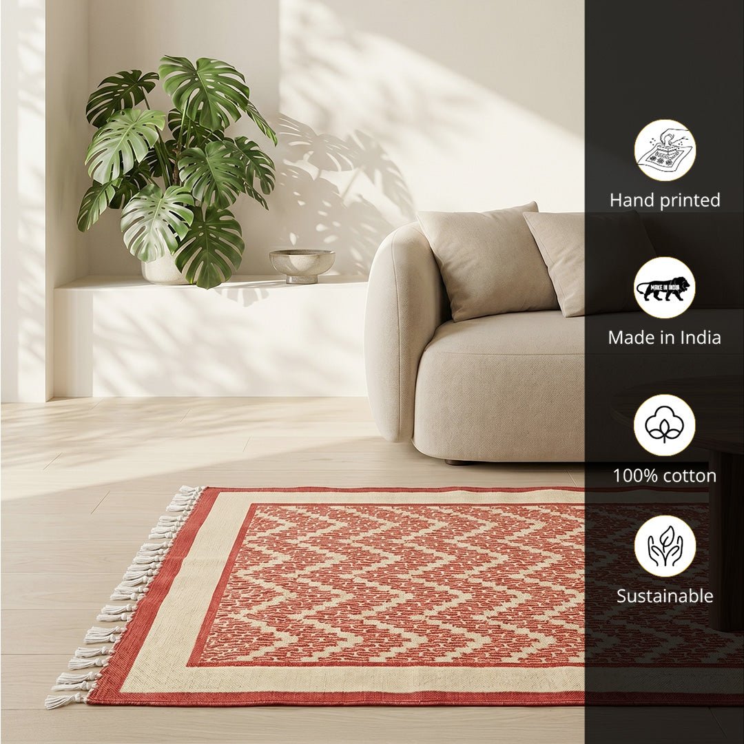 Cotton Floor Rug for Living Room and Bedroom handprinted in Ivory and Coral Chevron design| Soft Washable Area Rug