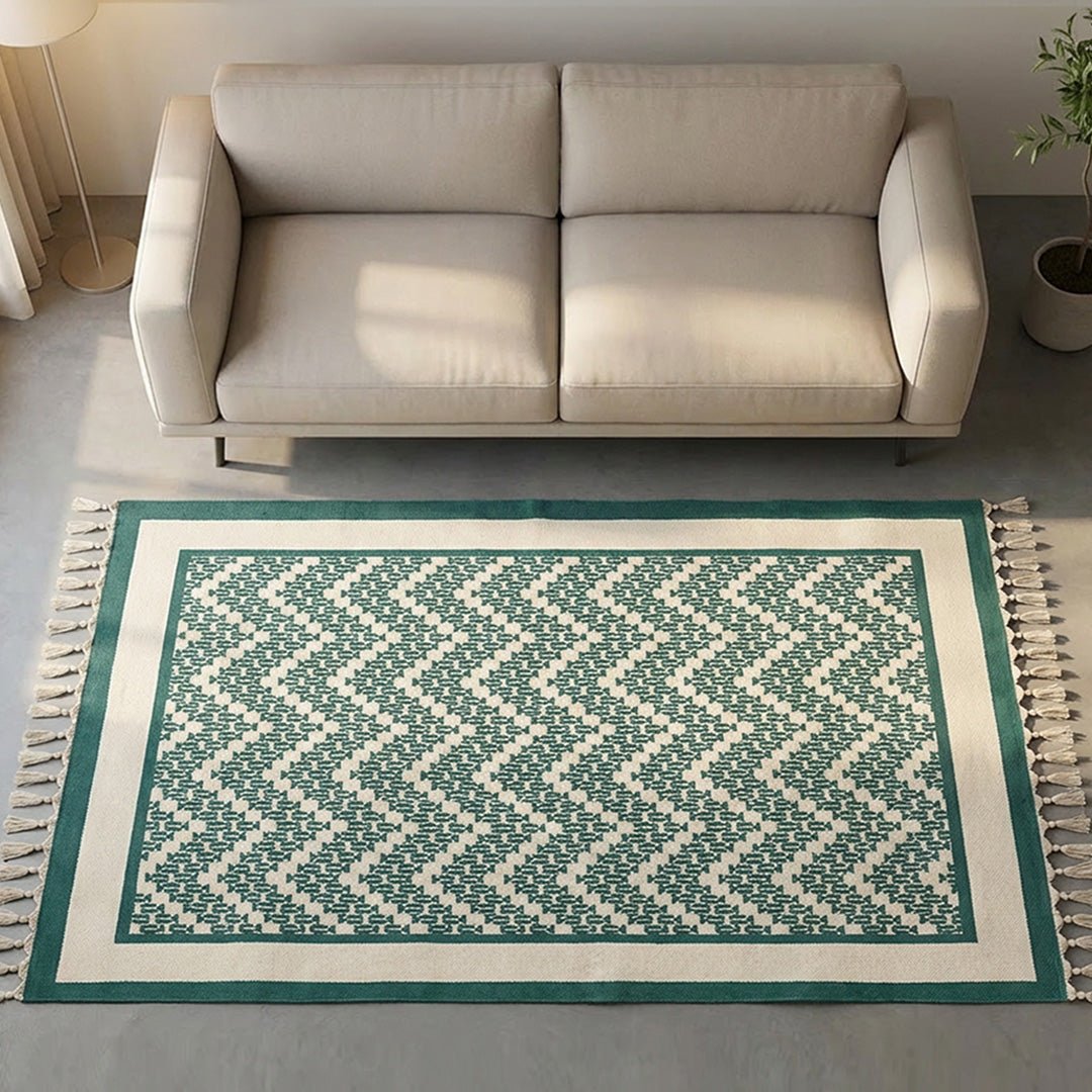 Cotton Floor Rug for Living Room and Bedroom handprinted in Ivory Green Chevron design| Soft Washable Area Rug| 3x5 Feet