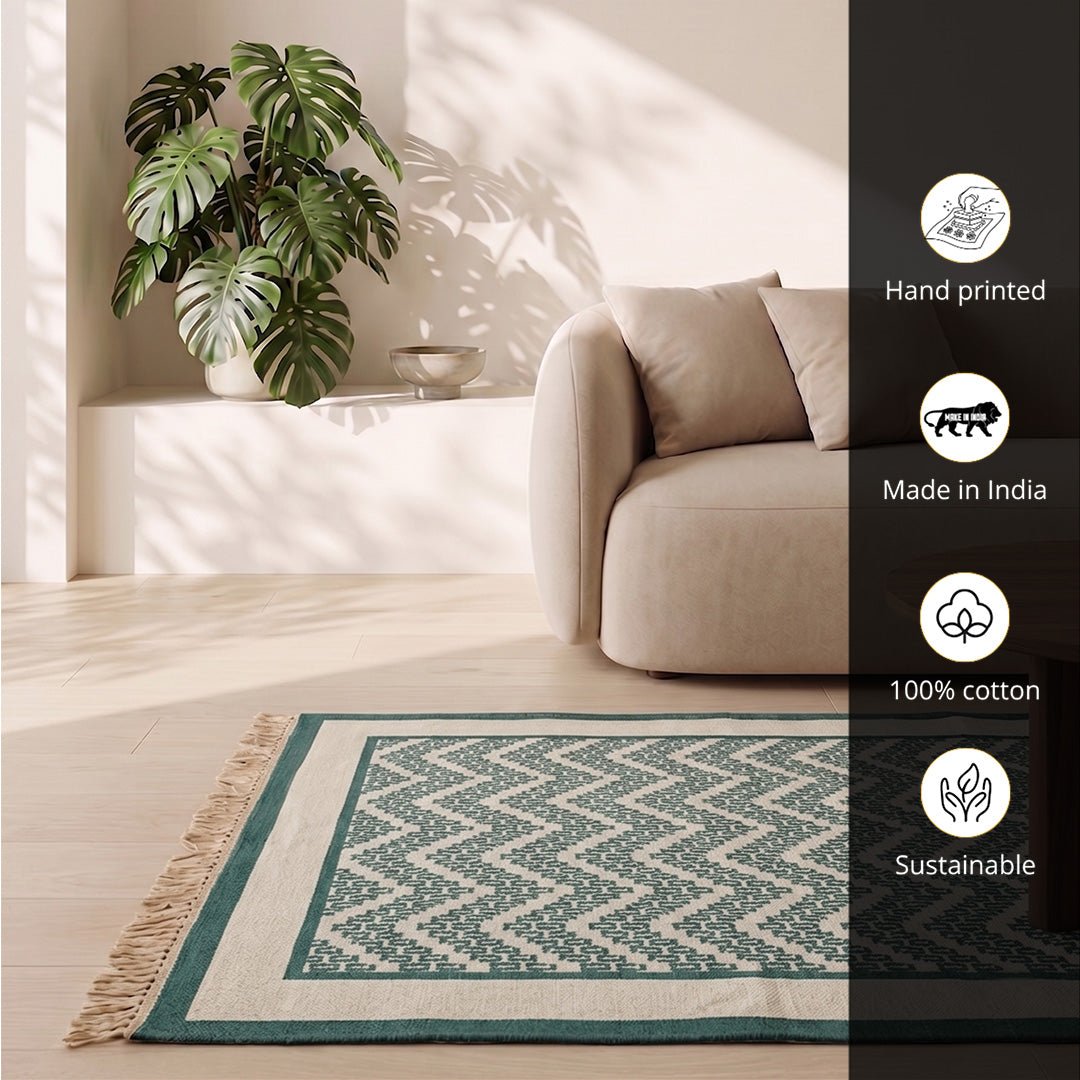 Cotton Floor Rug for Living Room and Bedroom handprinted in Ivory Green Chevron design| Soft Washable Area Rug| 3x5 Feet
