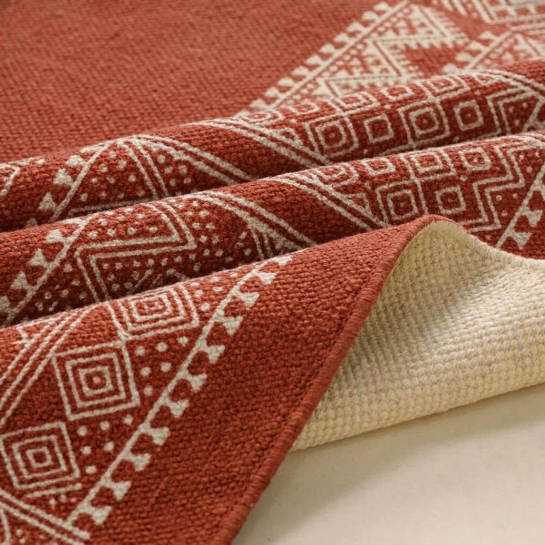 Cotton Floor Rug for Living Room and Bedroom handprinted in Jaipuri Mandana Block Design in Rust brown colour| Soft Washable Area Rug