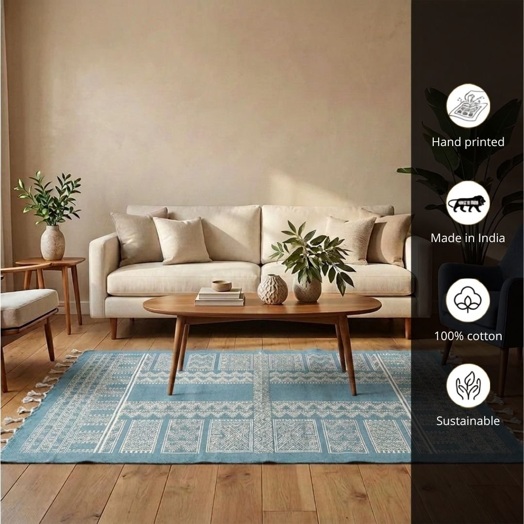 Cotton Floor Rug for Living Room and Bedroom handprinted in Jaipuri Teal design| Soft Washable Area Rug