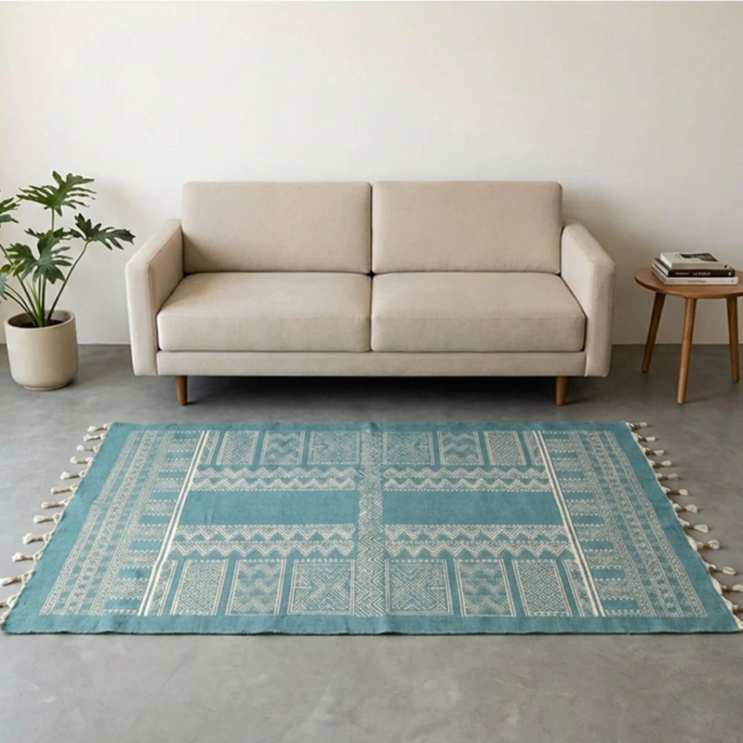 Cotton Floor Rug for Living Room and Bedroom handprinted in Jaipuri Teal design| Soft Washable Area Rug