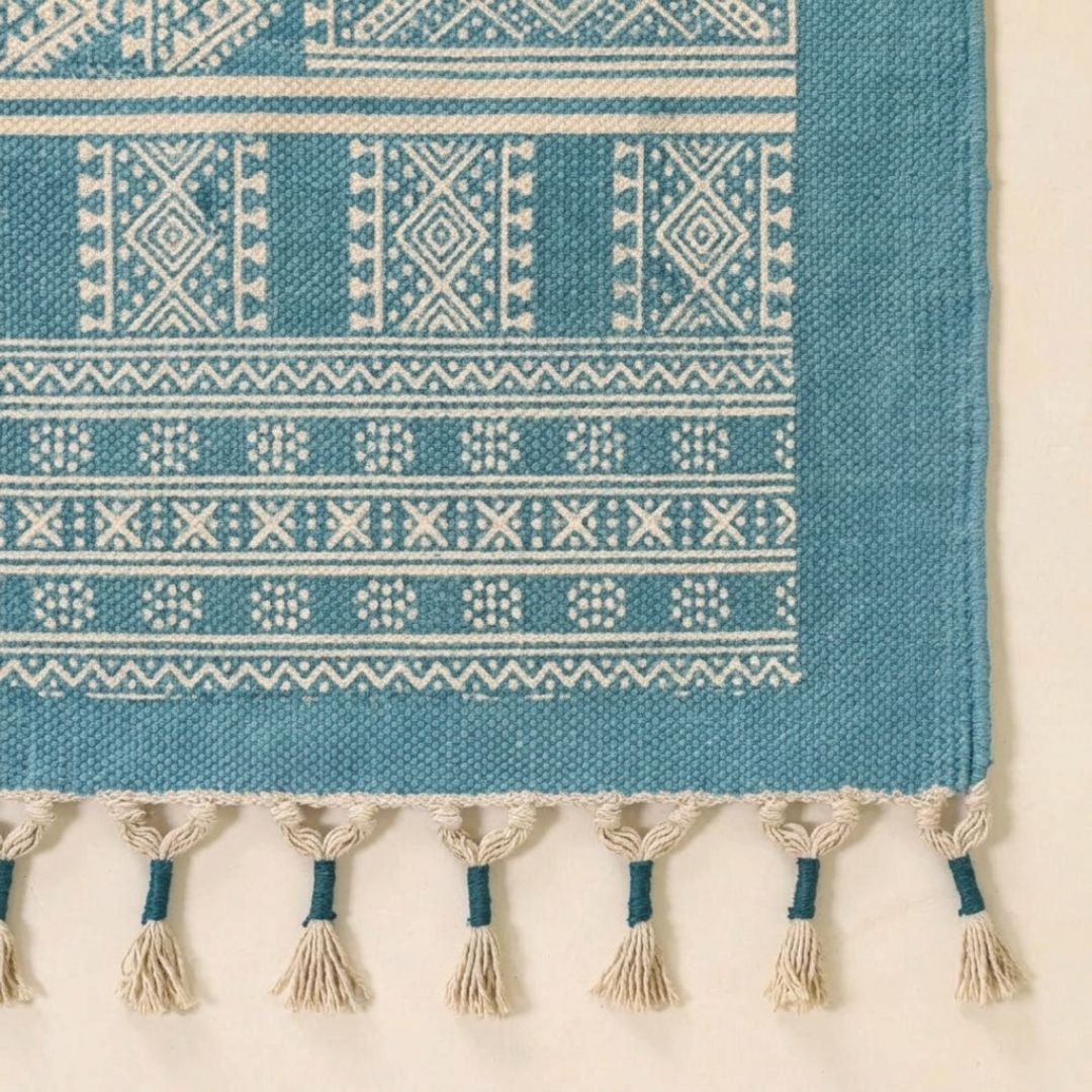 Cotton Floor Rug for Living Room and Bedroom handprinted in Jaipuri Teal design| Soft Washable Area Rug