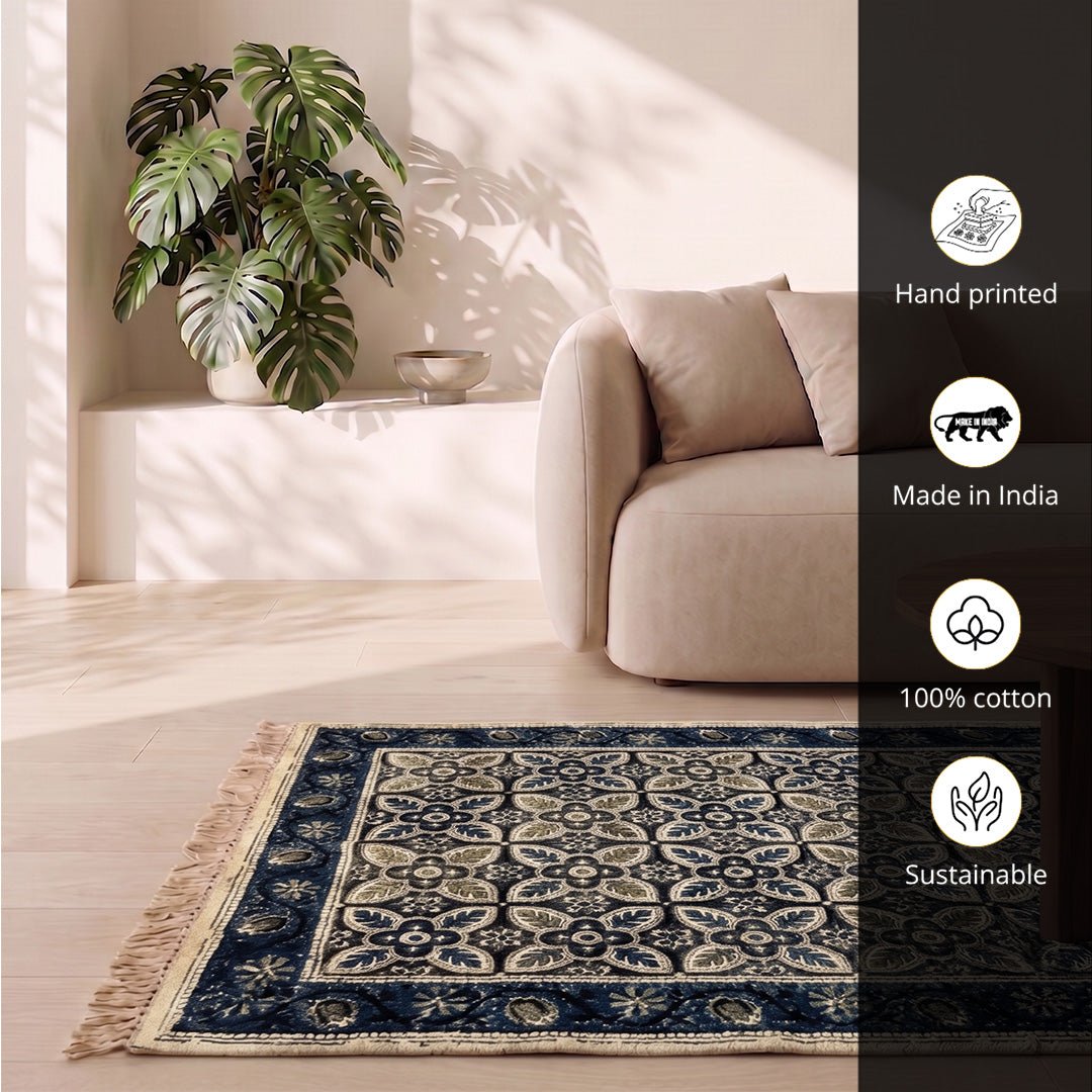 Cotton Floor Rug hand block printed for Living Room and Bedroom in Indigo and Beige Kalamkari Print| Soft Washable Area RugCotton| 3x5 Feet