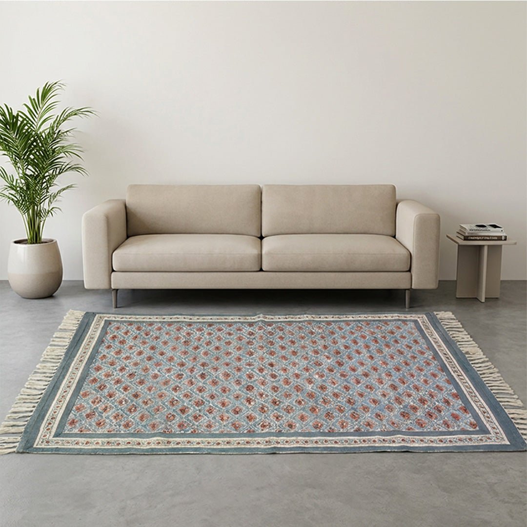 Hand block printed Cotton Floor Rug for Living Room and Bedroom in Blue and Dusty Pink Colours with a Floral Design | Soft Washable Rug