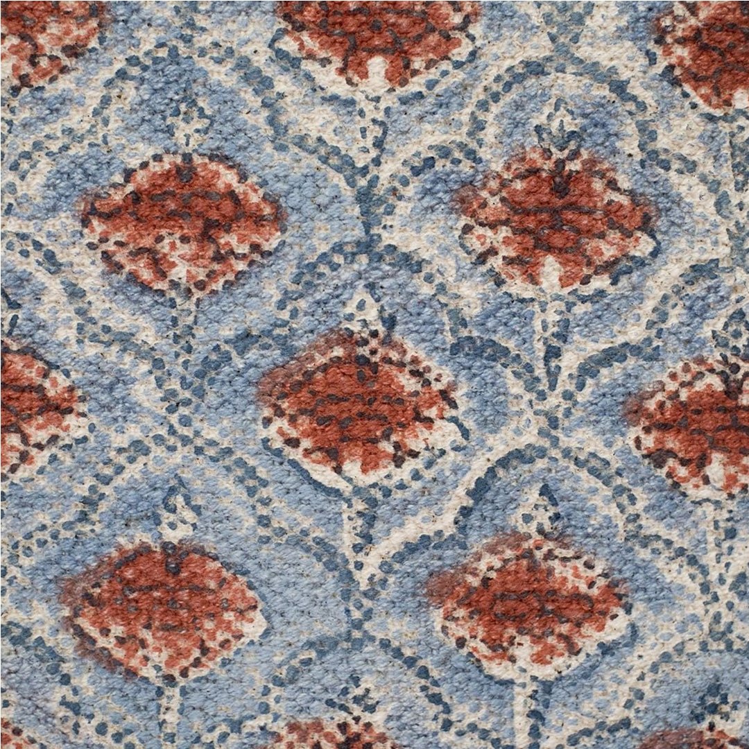 Hand block printed Cotton Floor Rug for Living Room and Bedroom in Blue and Dusty Pink Colours with a Floral Design | Soft Washable Rug