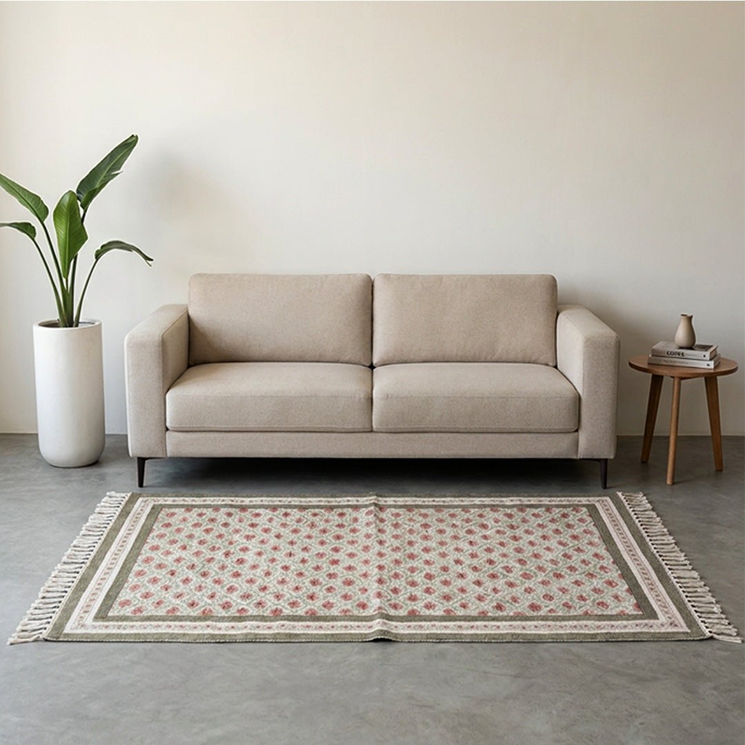 Hand block printed Cotton Floor Rug for Living Room and Bedroom in Green and Dusty Pink Colours with a Floral Design | Soft Washable Rug