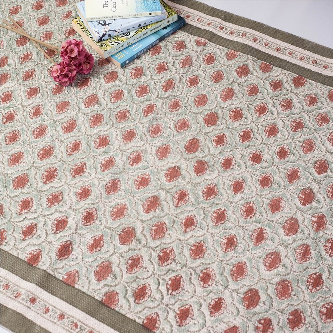 Hand block printed Cotton Floor Rug for Living Room and Bedroom in Green and Dusty Pink Colours with a Floral Design | Soft Washable Rug