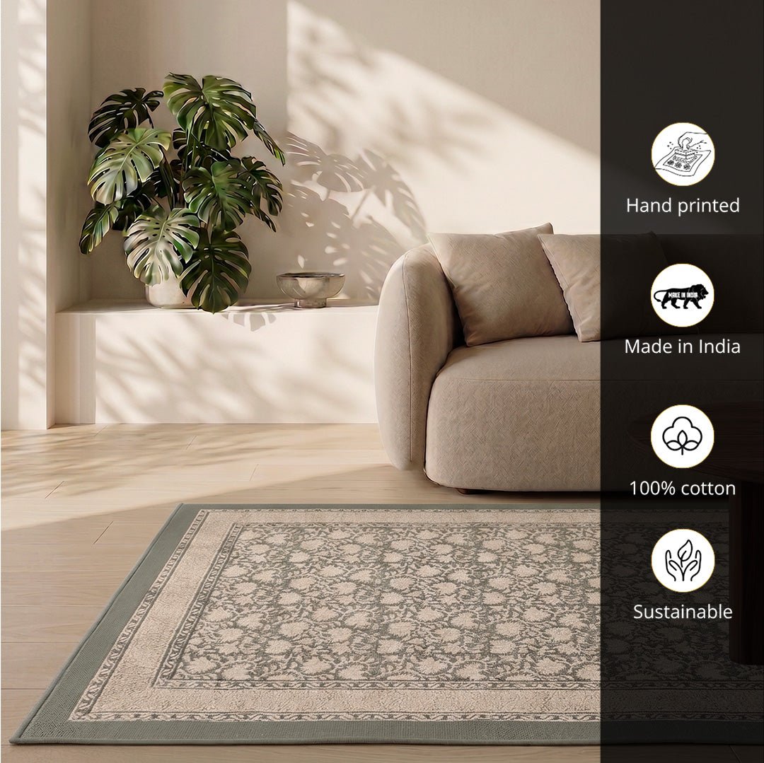 Hand block printed Cotton Floor Rug for Living Room and Bedroom in Ivory and Charcoal Colour | Soft Washable Rug