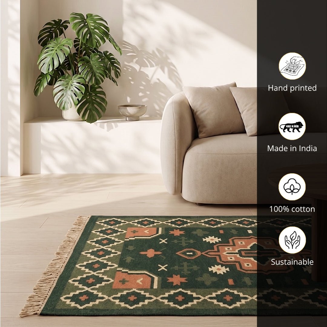 Cotton Floor Rug hand woven with Jute and Wool for Living Room or Bedroom in Green and Peach Colours| 4x6 Feet Durable Area Rug
