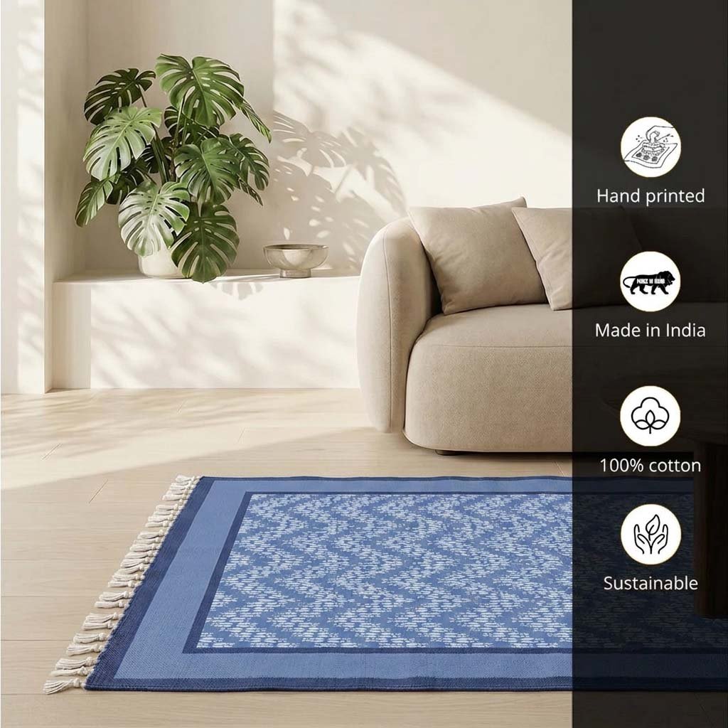 Cotton Floor Rug handprinted in Blue Chevron design for Living room or Bedroom| Foldable Area Rug