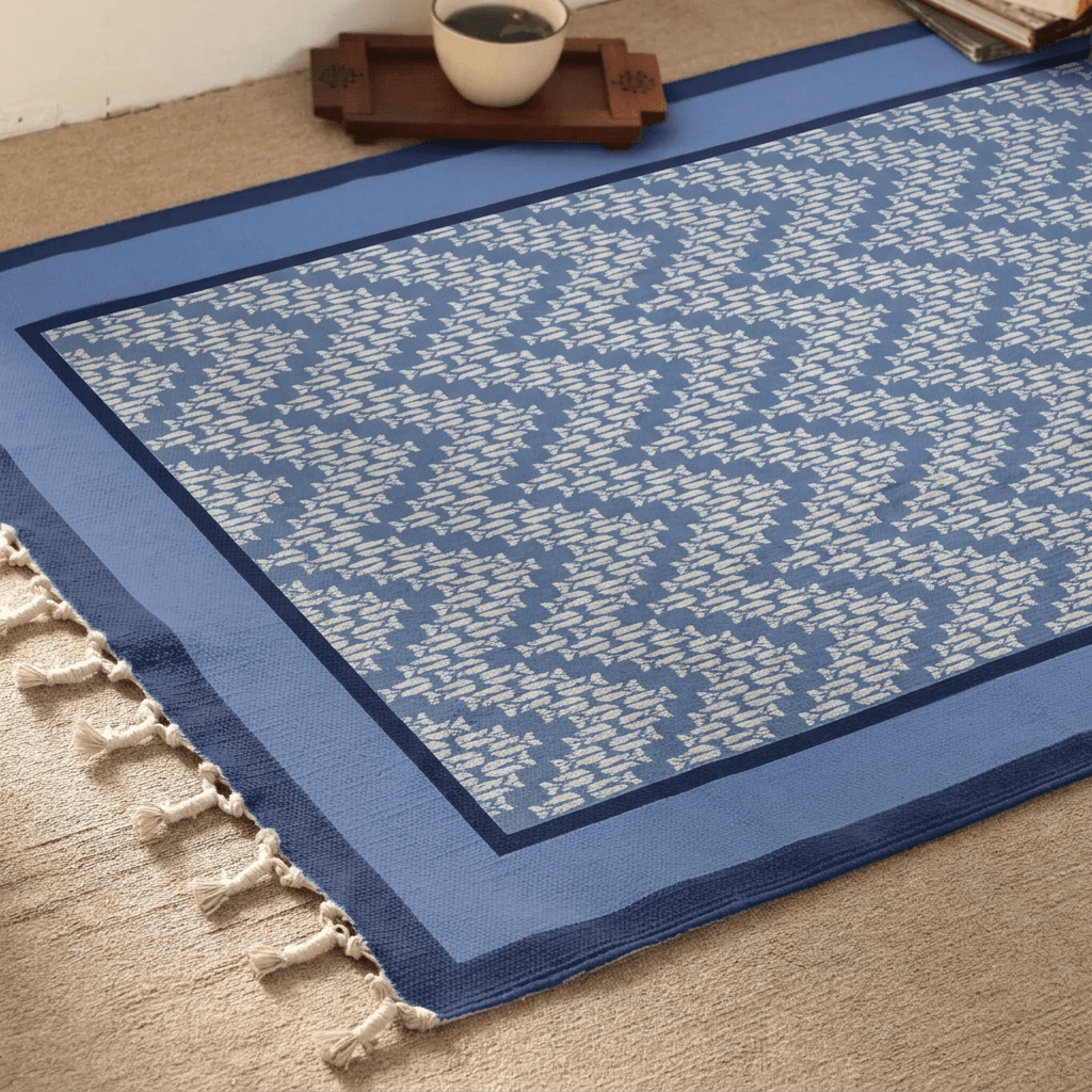 Cotton Floor Rug handprinted in Blue Chevron design for Living room or Bedroom| Foldable Area Rug