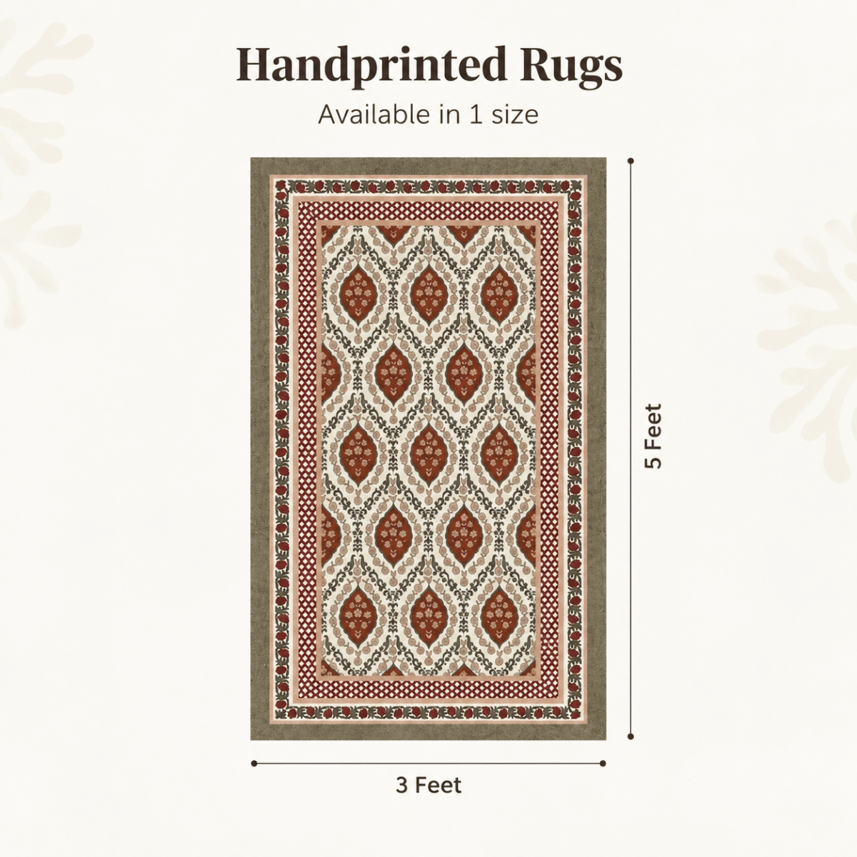 Cotton Floor Rug handprinted in Ivory and Rust for Living Room or Bedroom | Foldable