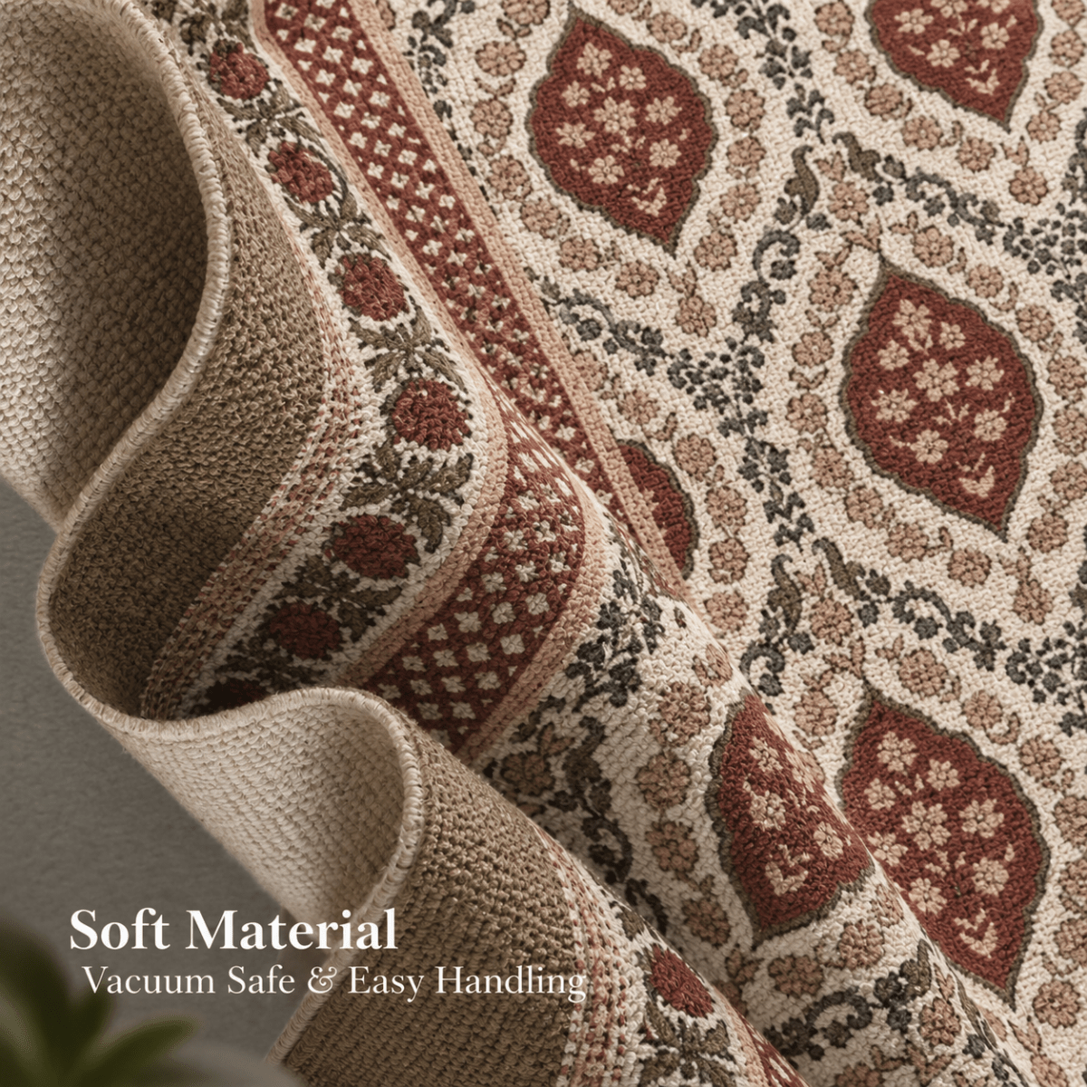 Cotton Floor Rug handprinted in Ivory and Rust for Living Room or Bedroom | Foldable